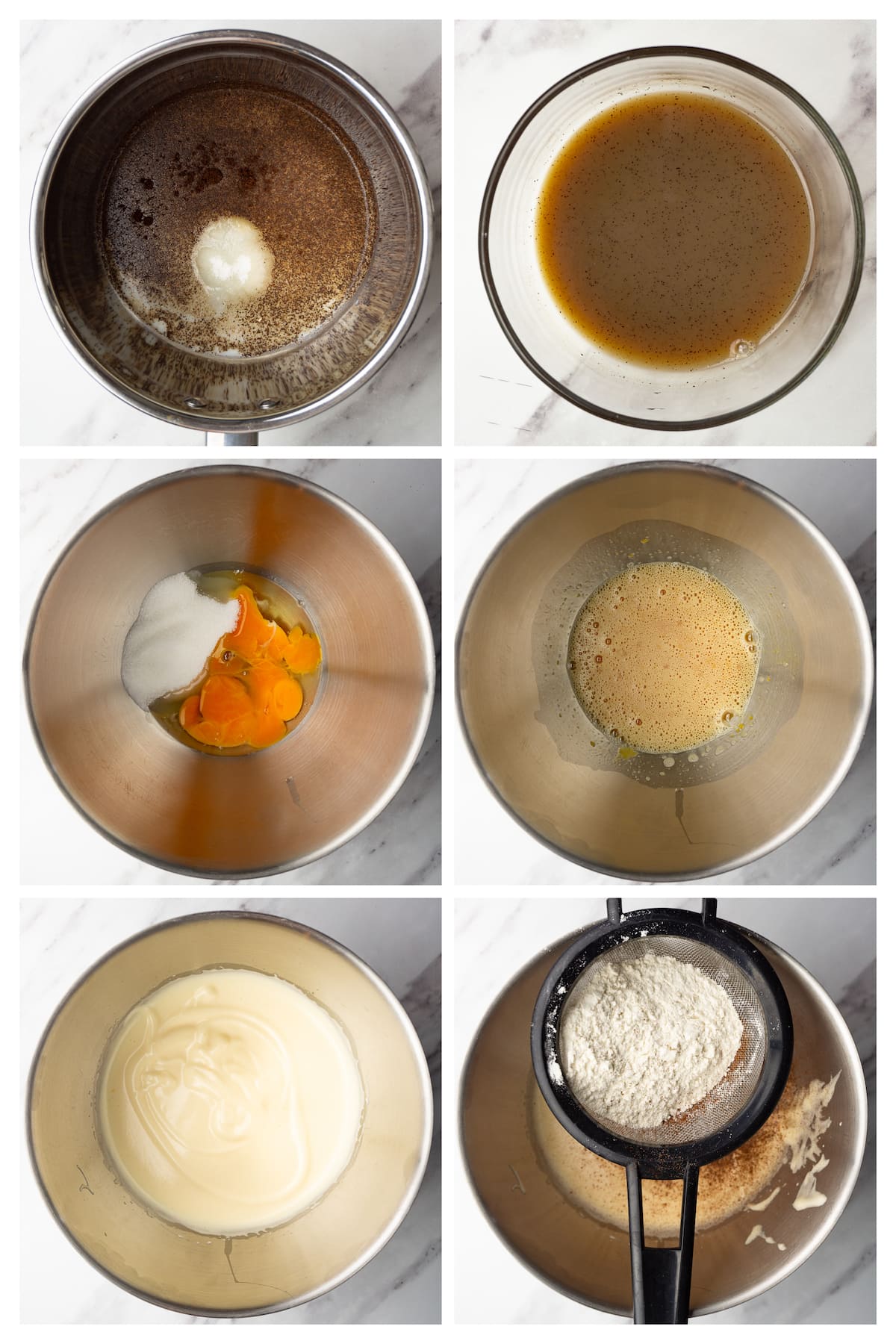 Collage image showing six steps to make coffee simple syrup and chocolate genoise sponge.