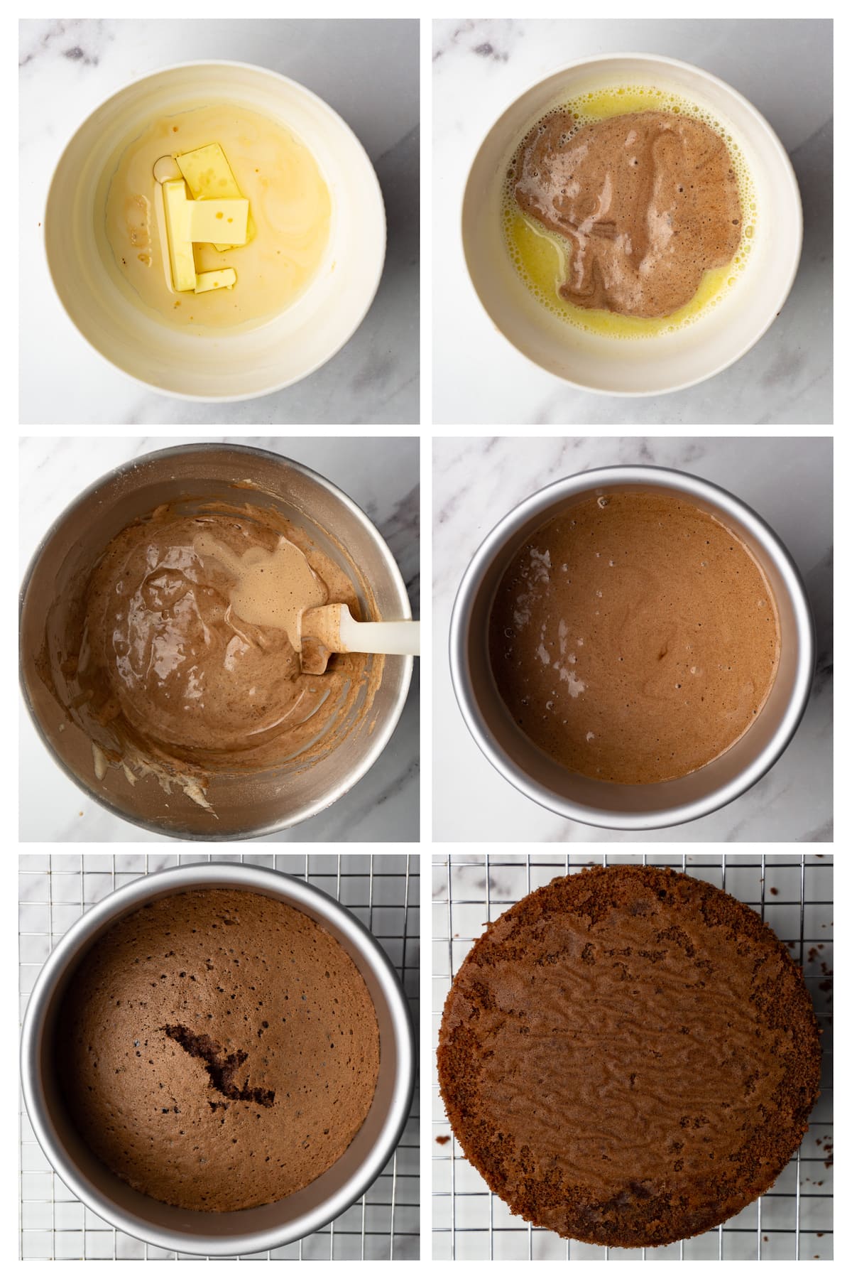 Collage image showing six steps to make chocolate genoise sponge.