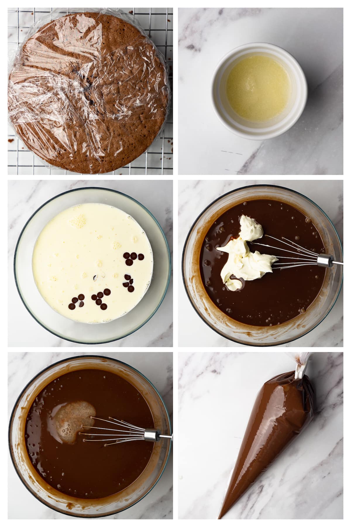 Collage image showing six steps to make dark chocolate mousse filling for a chocolate cake.