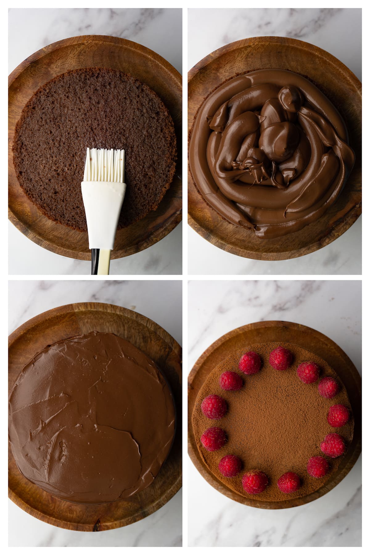 Collage image showing four steps to assemble chocolate mousse cake and decorate it with fresh raspberries and cocoa powder.