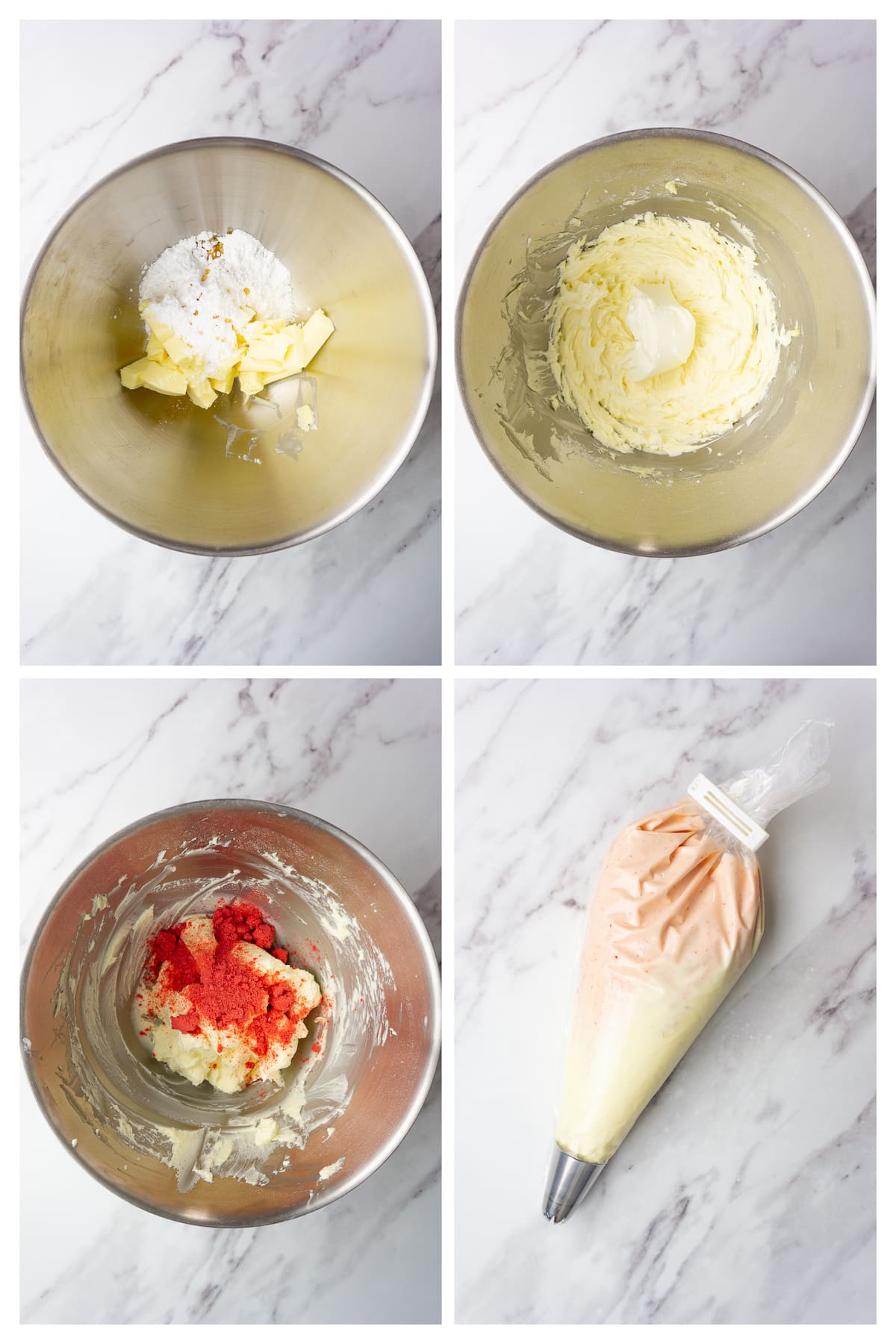 Collage image showing four steps to make strawberry cream cheese frosting.