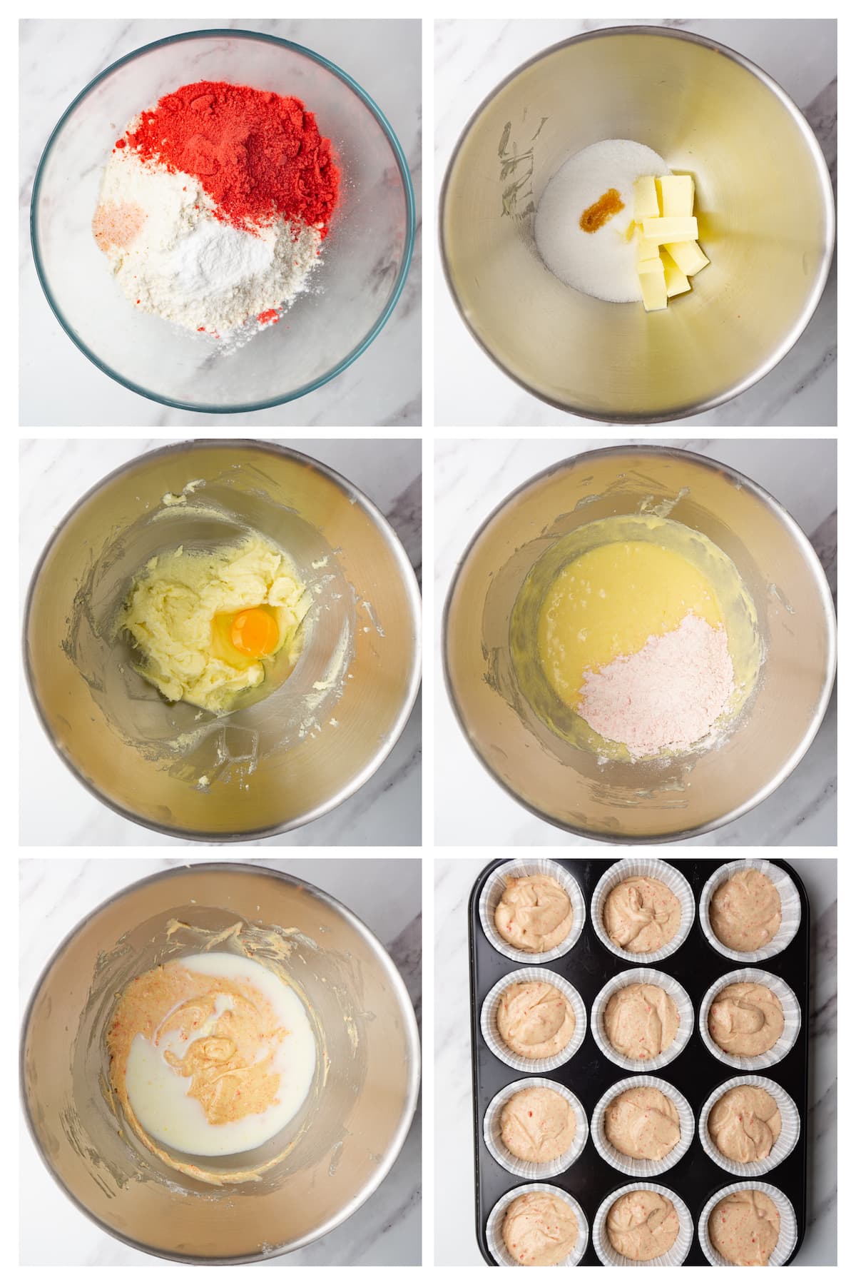 Collage image showing four steps to make strawberry cupcakes.