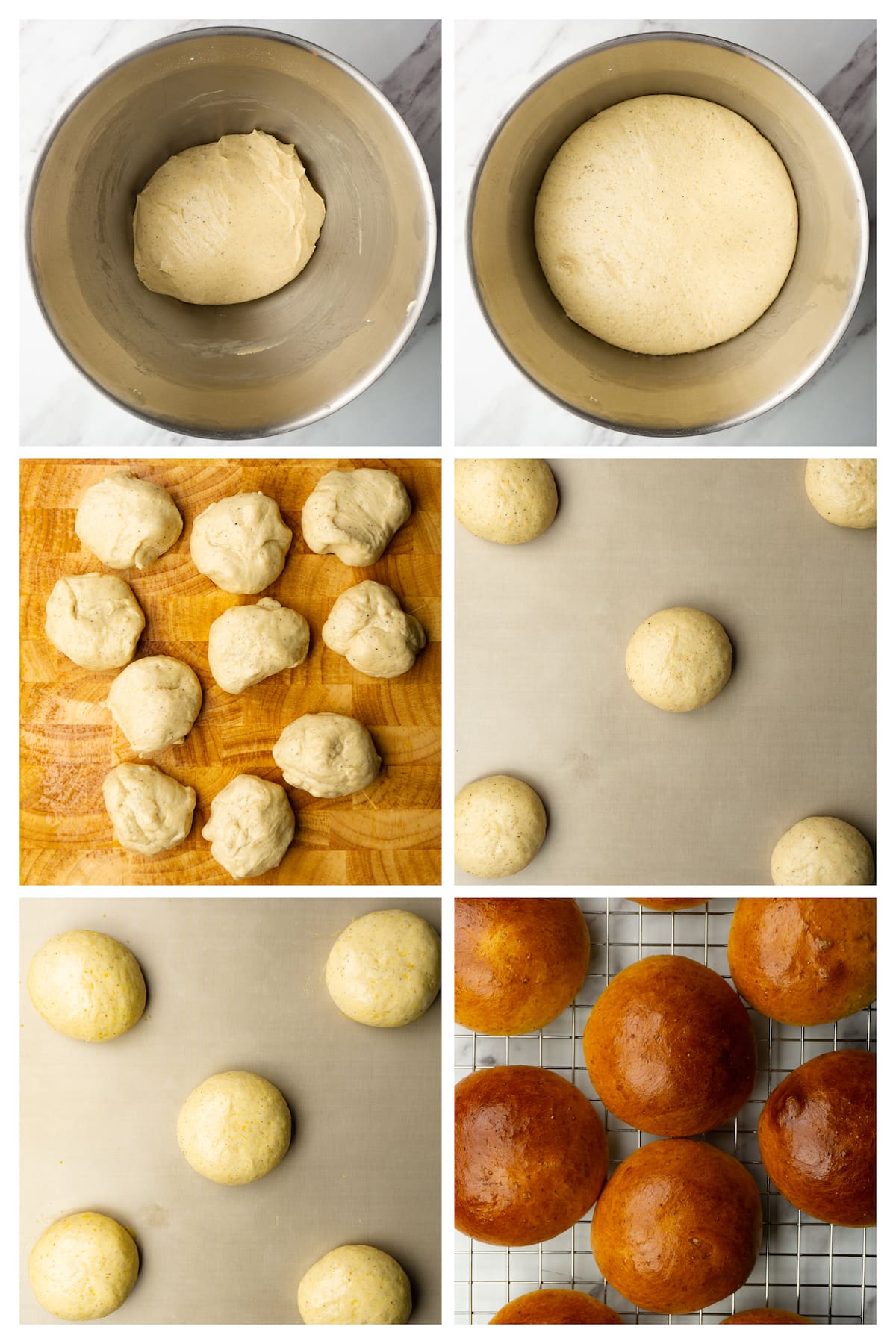 The collage image shows six steps to shape and bake cardamom buns for Swedish semlor.