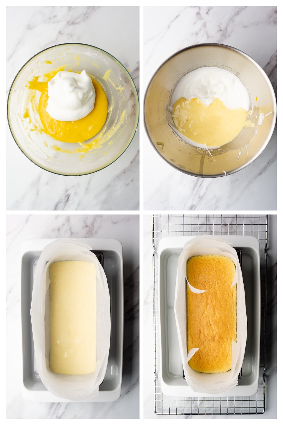 The collage image with four steps to make the batter for castella cake and bake it in a water bath.