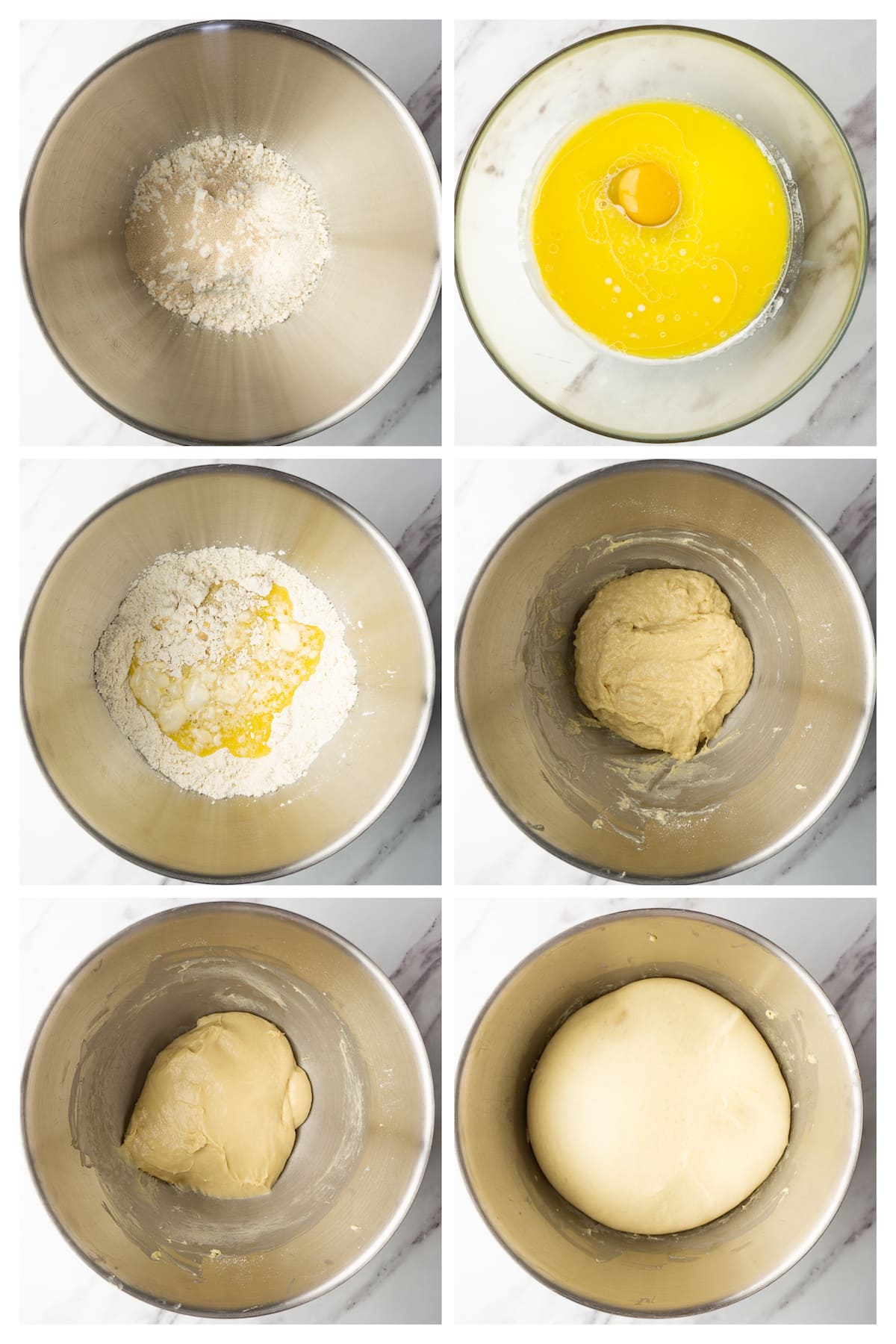 The collage image shows six steps to make yeast dough for donut holes.