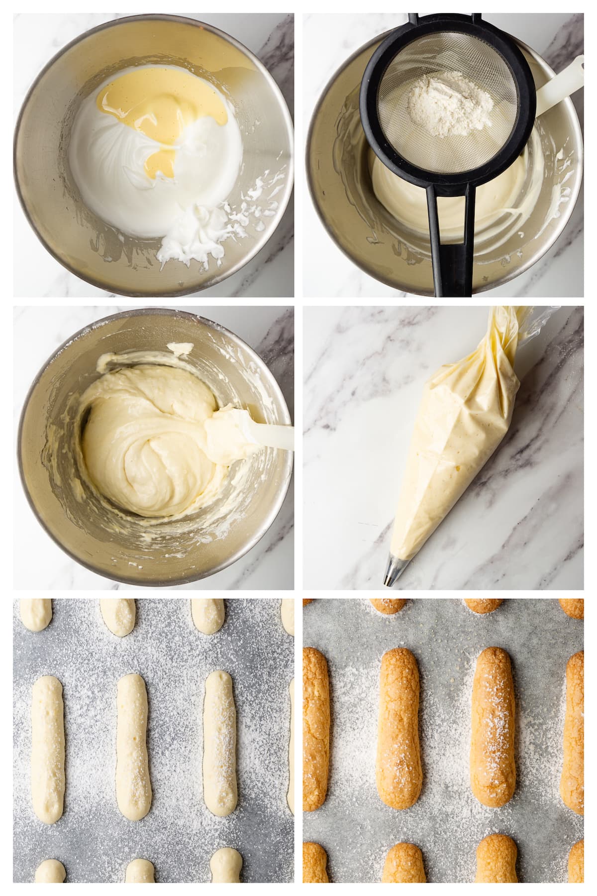 The collage image shows six steps to make the batter for ladyfingers, how to pipe it and bake it.