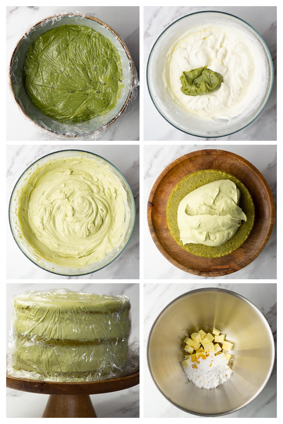 The collage image shows six steps to make matcha pastry cream filling and assemble the matcha cake.