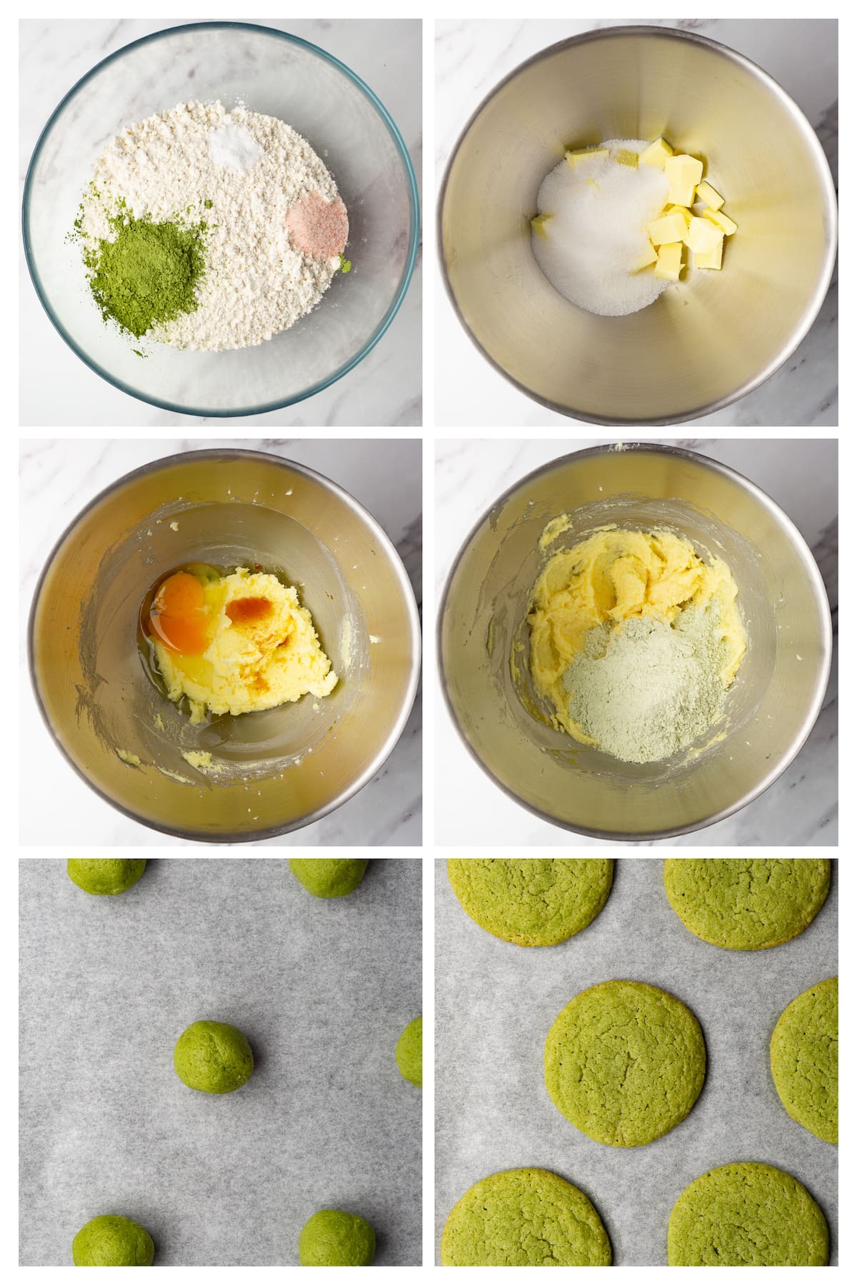 The collage image shows six steps to make green matcha cookies.