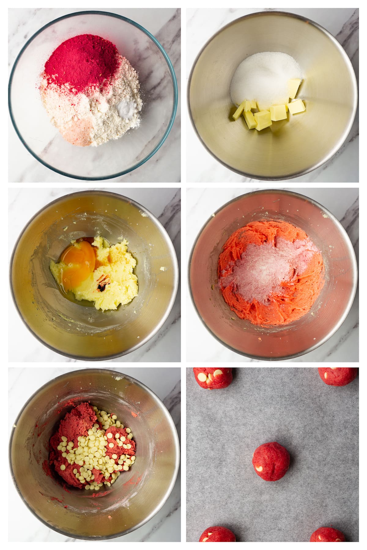 The collage image with six steps to make raspberry cookies.