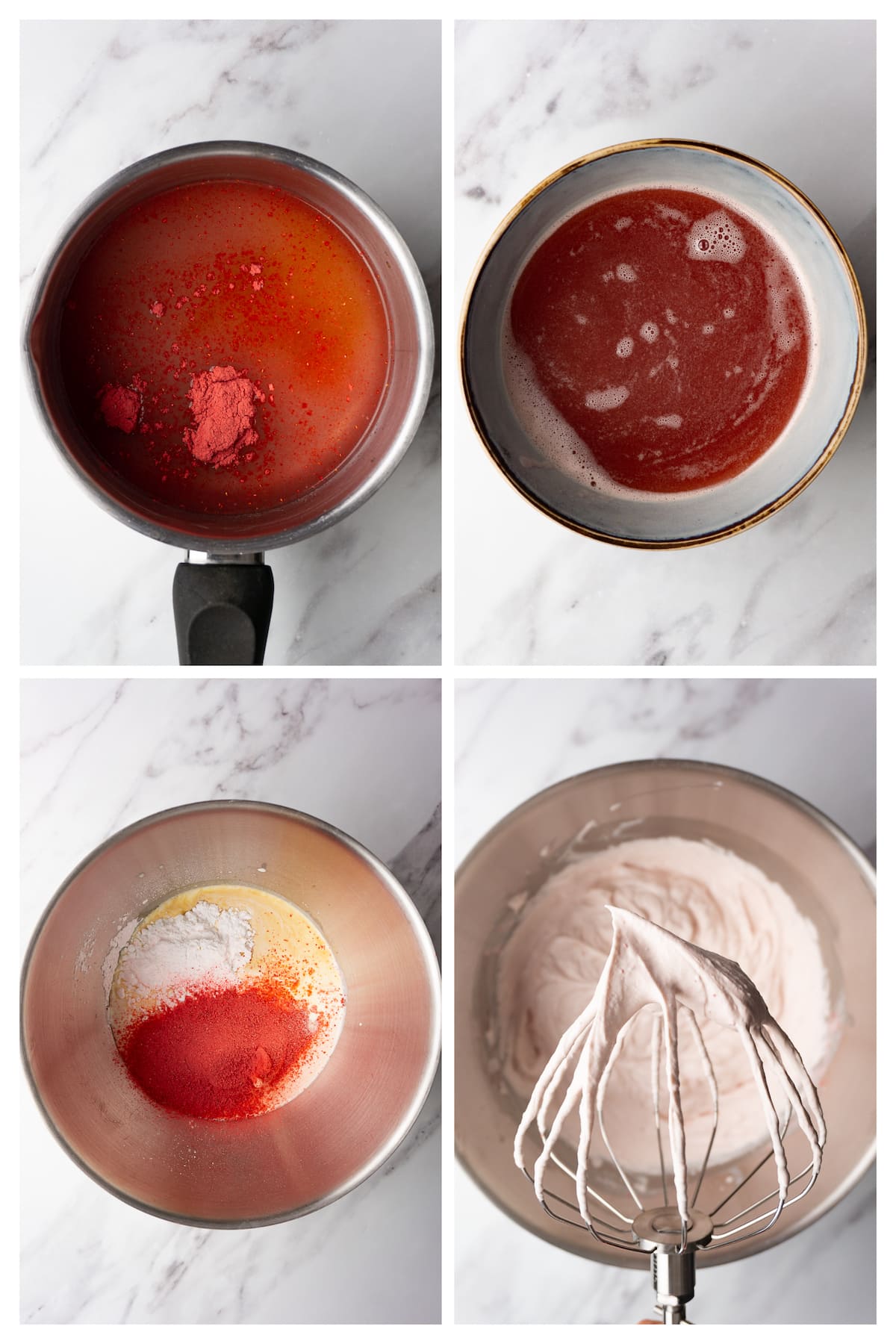 The collage image shows four steps to make strawberry syrup and mascarpone cream for strawberry tiramisu.