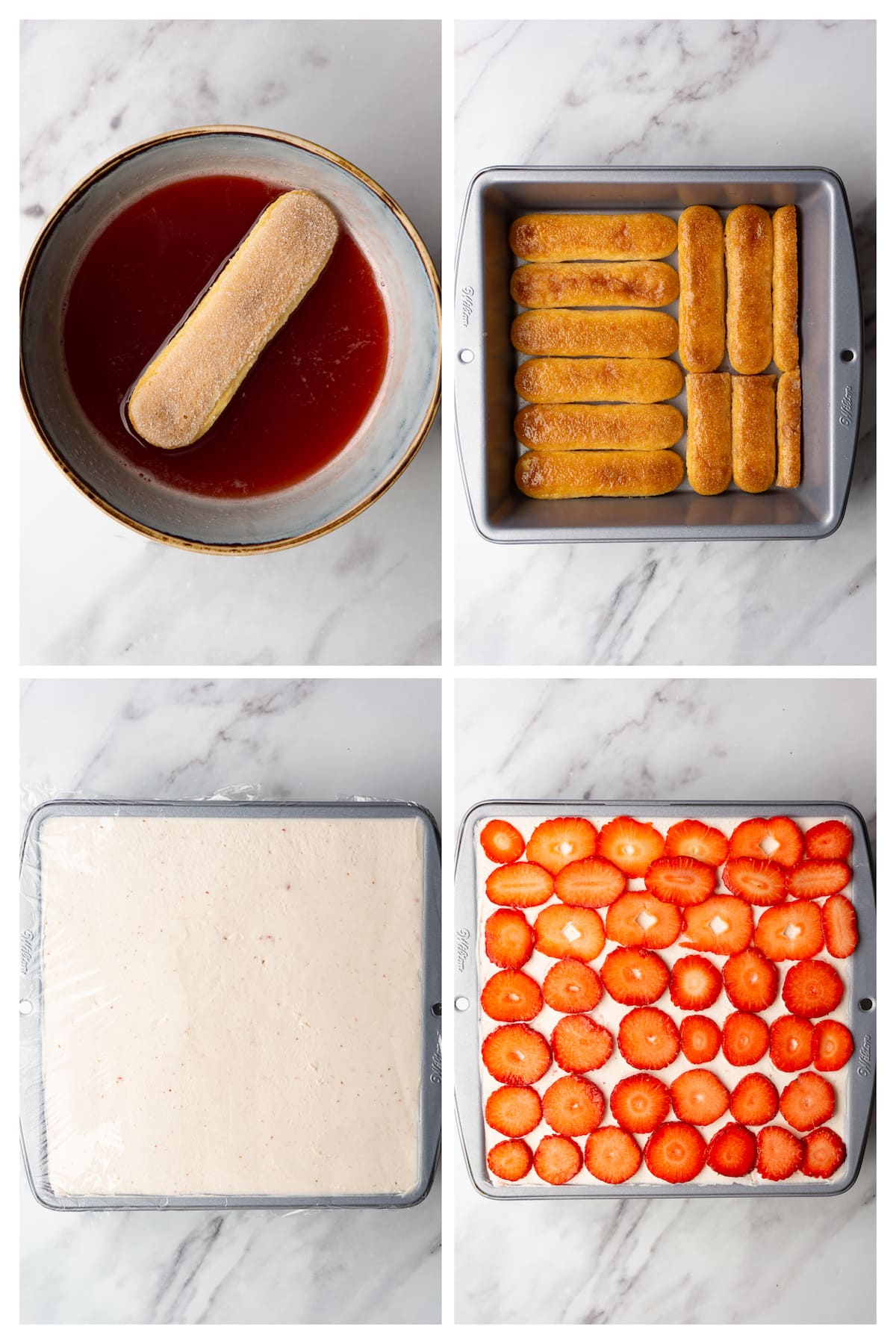 The collage image shows four steps to assemble strawberry tiramisu.