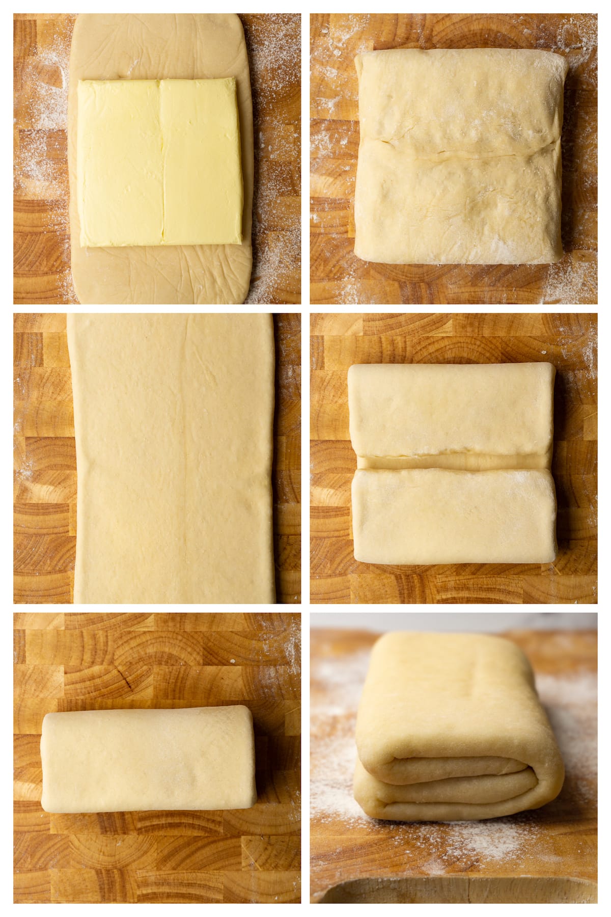 The collage image shows six steps to laminate butter into the dough to make Danish pastry.