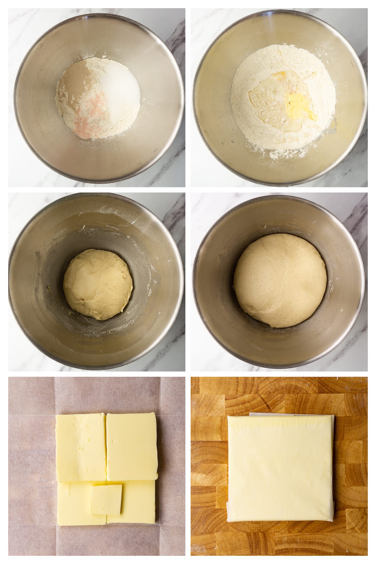 The collage image shows six steps to make the dough and the butter block for Danish pastry.