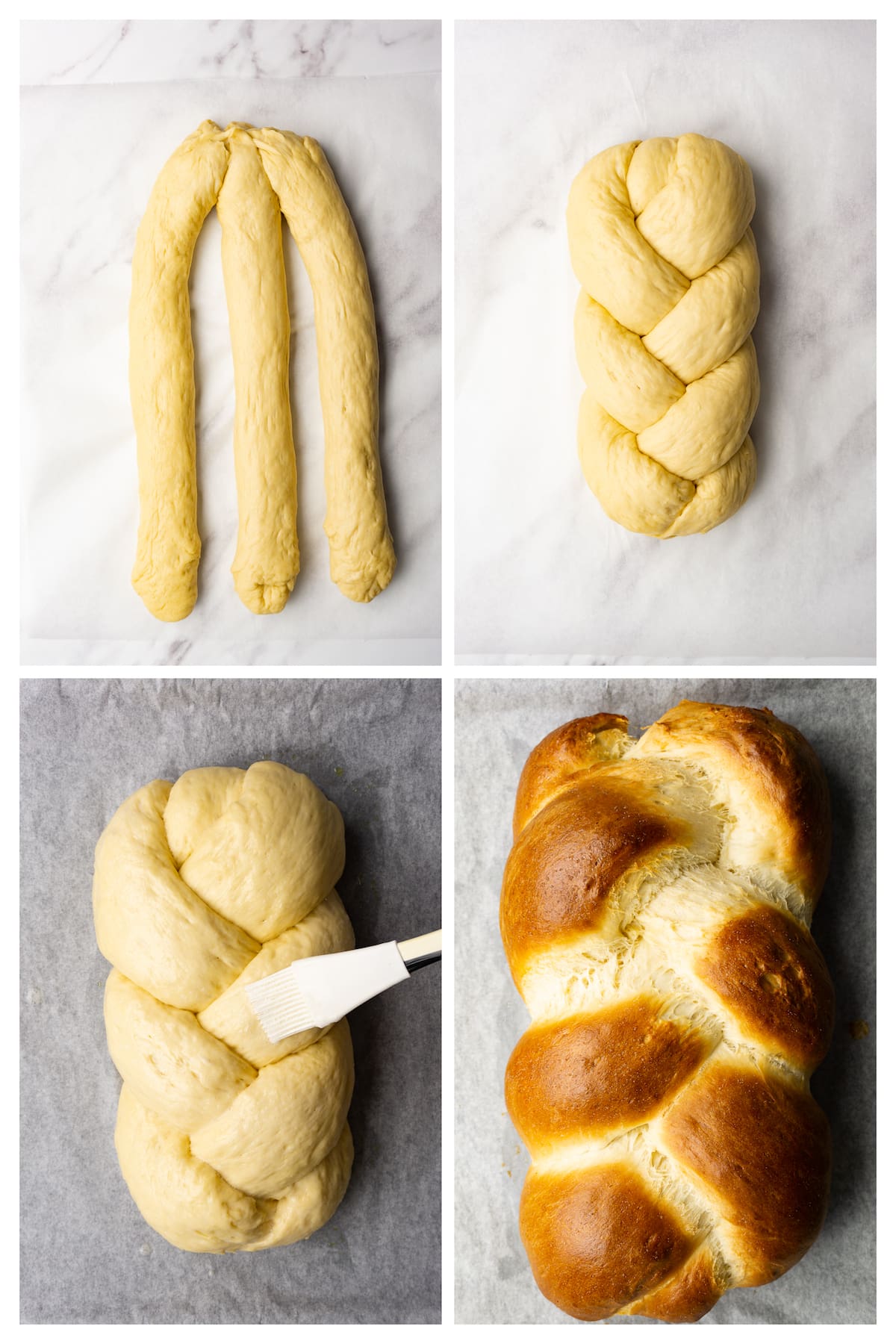 The collage image shows four steps to braid and bake challah bread.