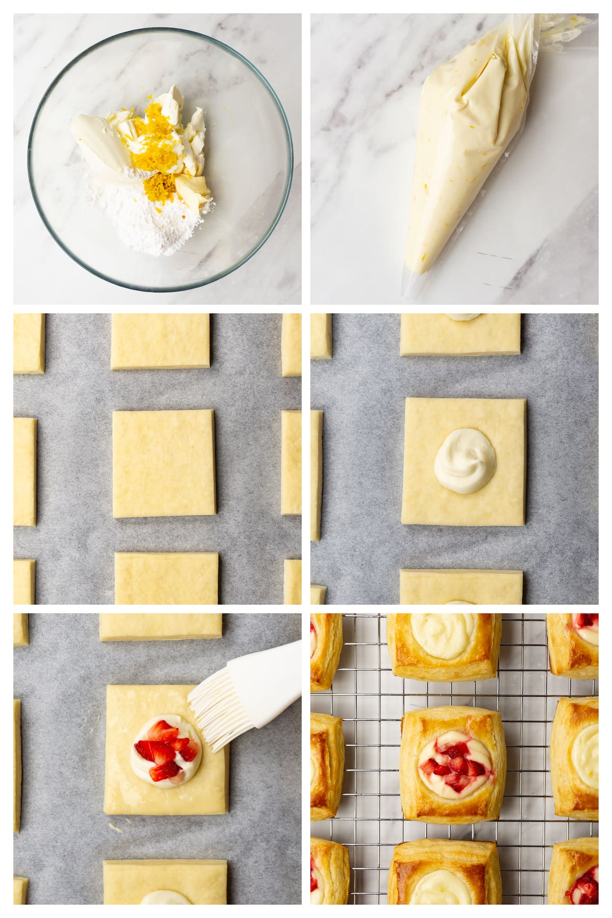 The collage image shows six steps to make Danishes with cream cheese and lemon zest filling and fresh strawberry topping.