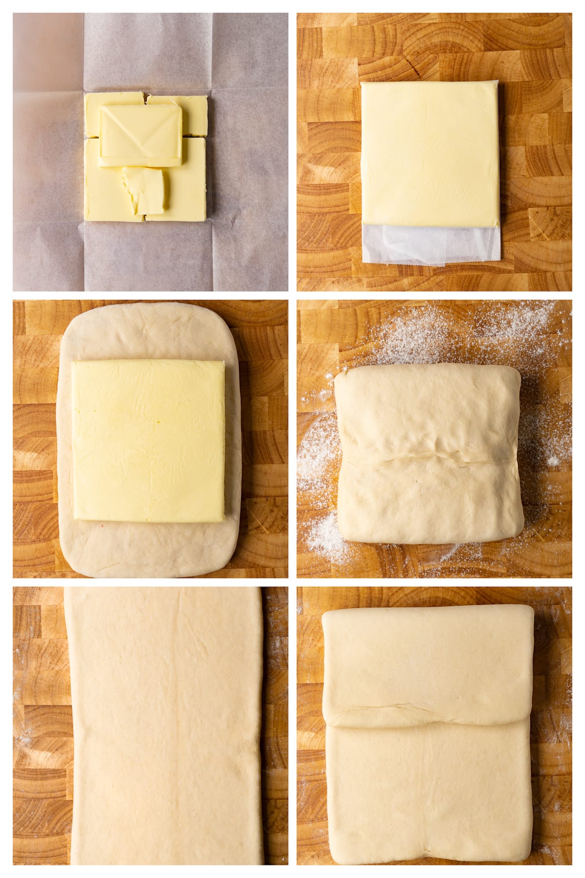 The collage image shows six steps to laminating a butter block into the croissant dough.