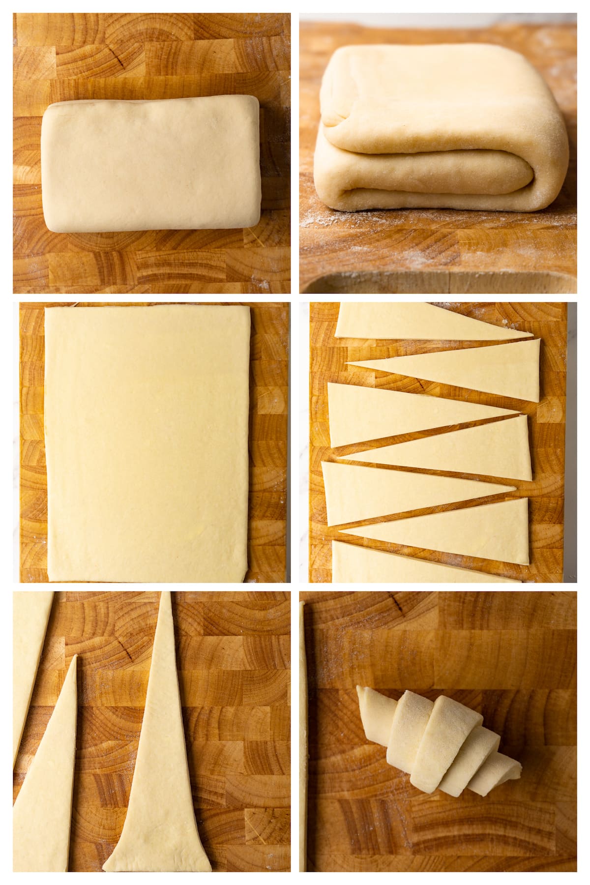 The collage image shows six steps to roll out the dough, cutting out the triangles and shaping future croissants.