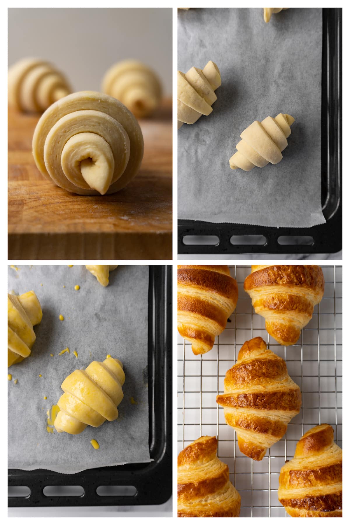 The collage image shows four steps to proof and bake croissants.