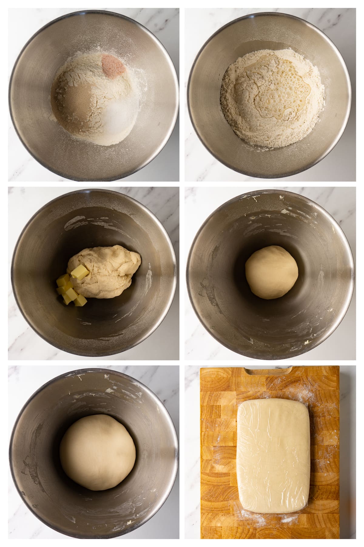 The collage image shows six steps to make croissant dough (détrempe).