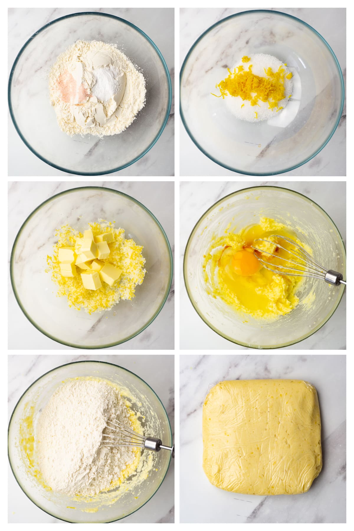The collage image shows six steps to make the dough for lemon crinkle cookies.