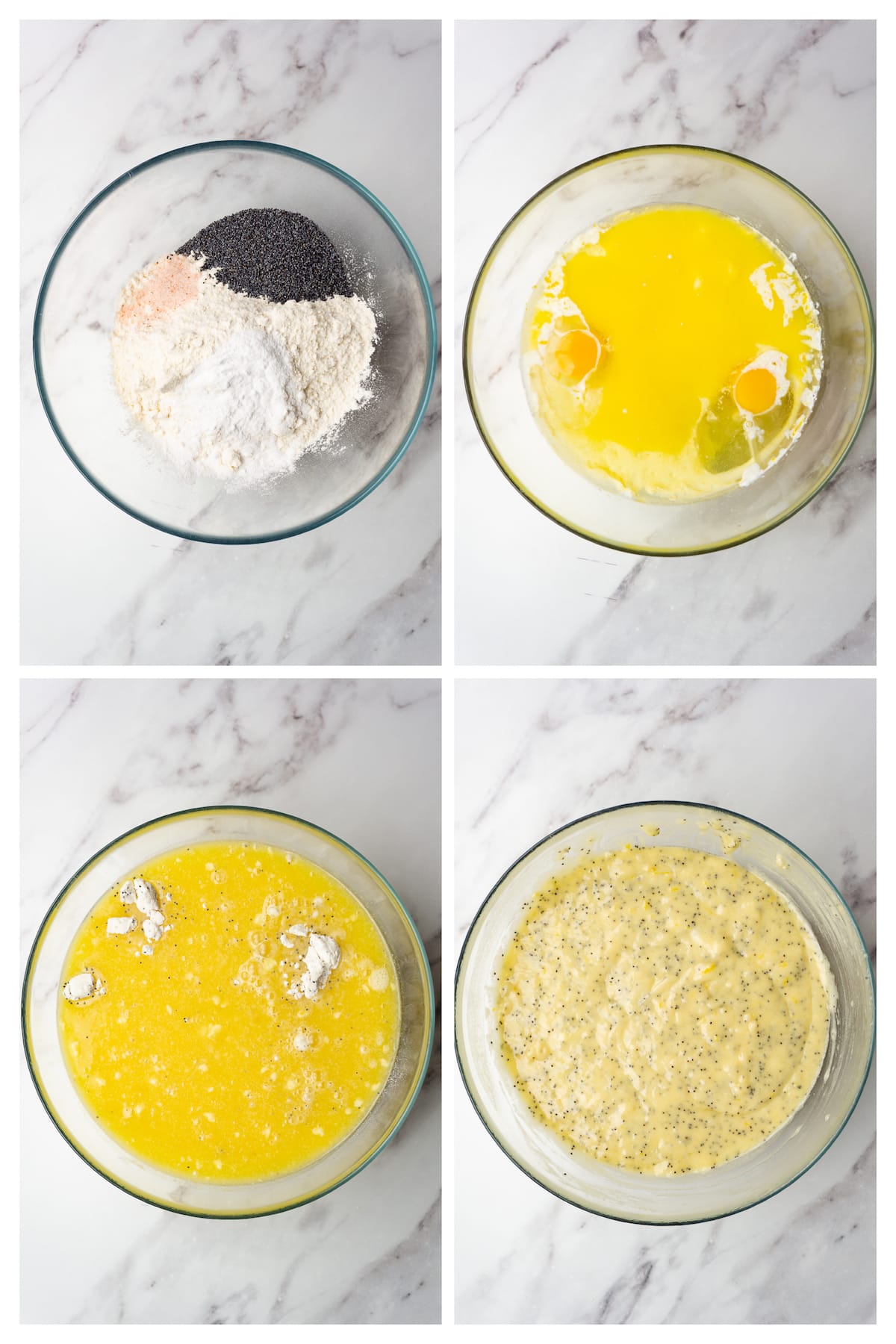 The collage image shows four steps to make the lemon poppy seed muffin batter.