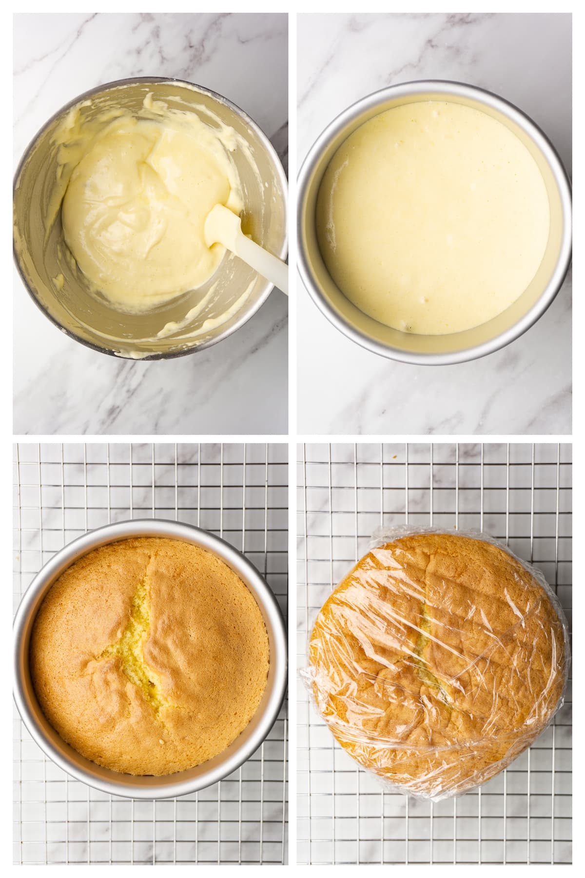The collage image shows four steps to bake tiramisu cake layers.