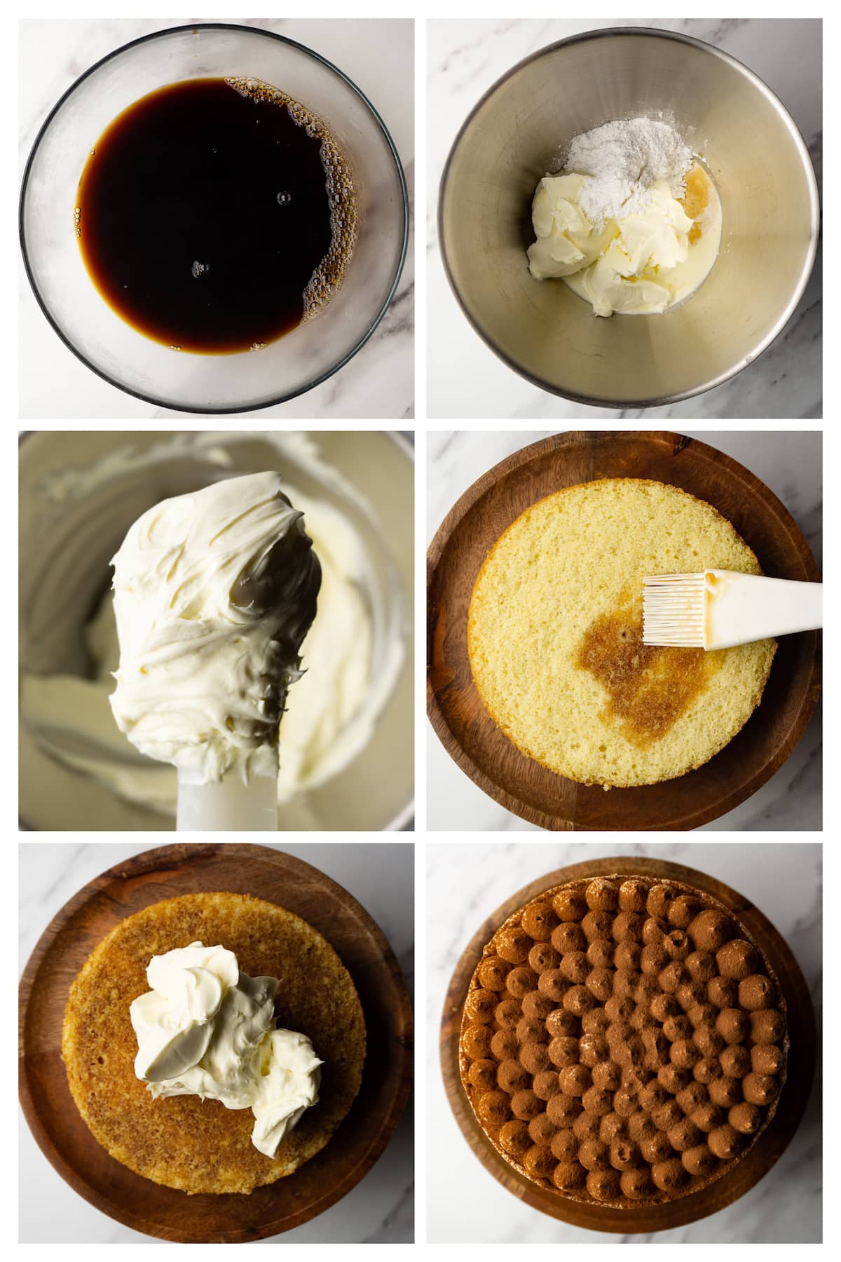 The collage image shows six steps of assembling a tiramisu cake with cream cheese frosting and coffee syrup and decorating it with cocoa powder.