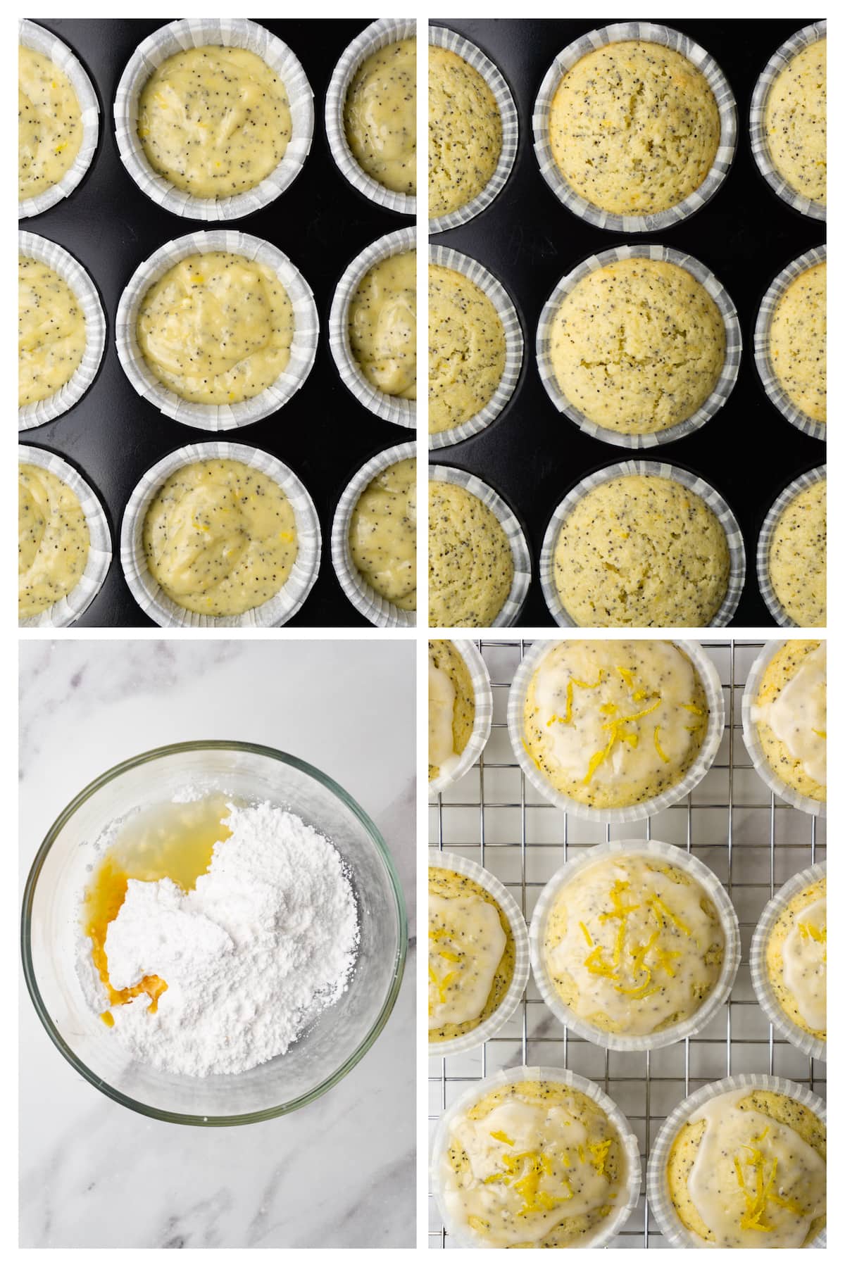 The collage image shows four steps to bake lemon poppy seed muffins and glaze them with simple sugar icing.