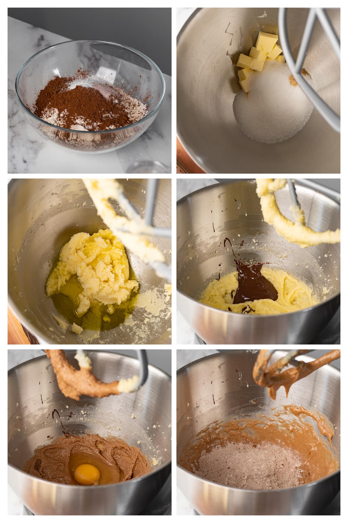 The collage image shows six steps to make the chocolate cake batter.