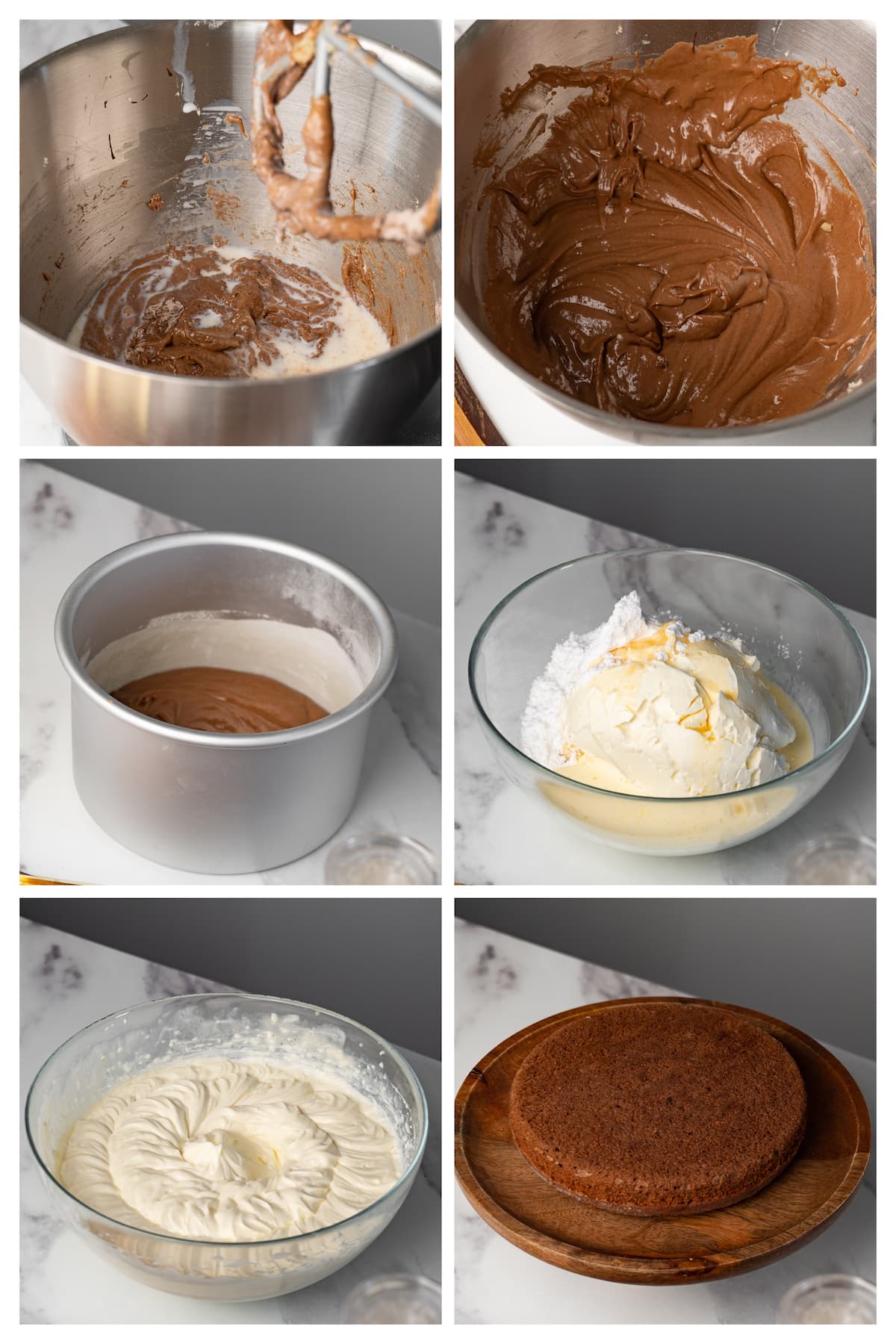 The collage image shows six steps to make chocolate cake layers and white cream cheese frosting to assemble the cake.