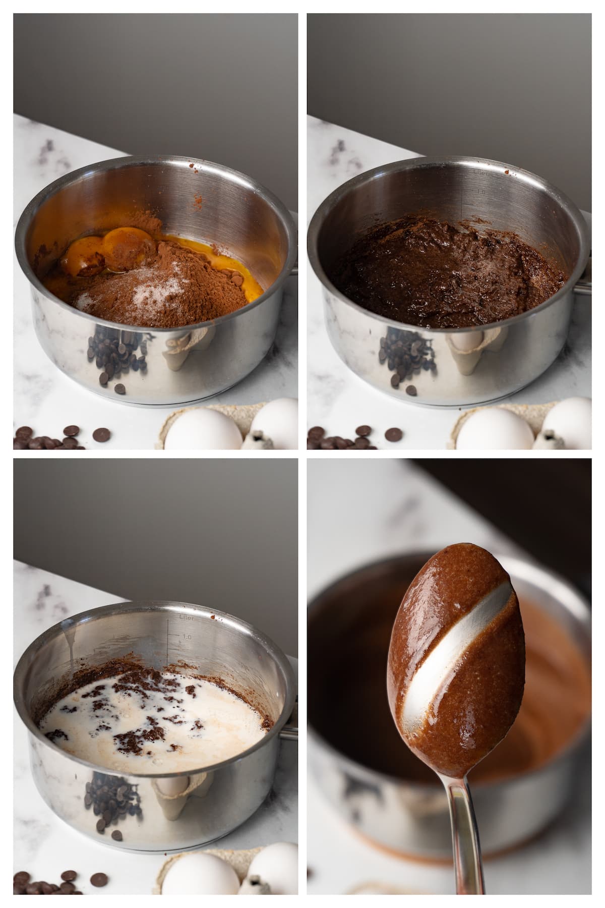 The collage image shows four steps to make chocolate egg yolk custard for chocolate ice cream.