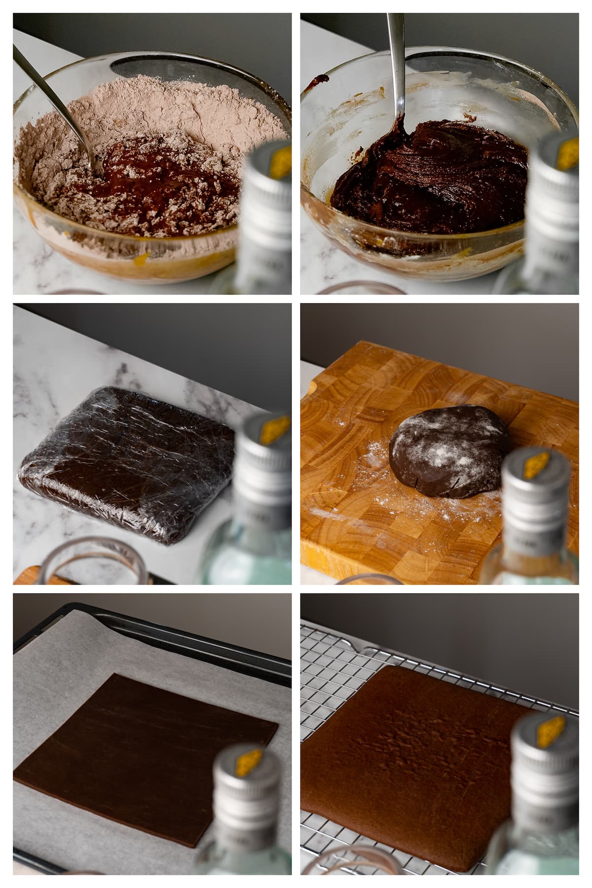 The collage image shows four steps to bake cookies for ice cream sandwiches.