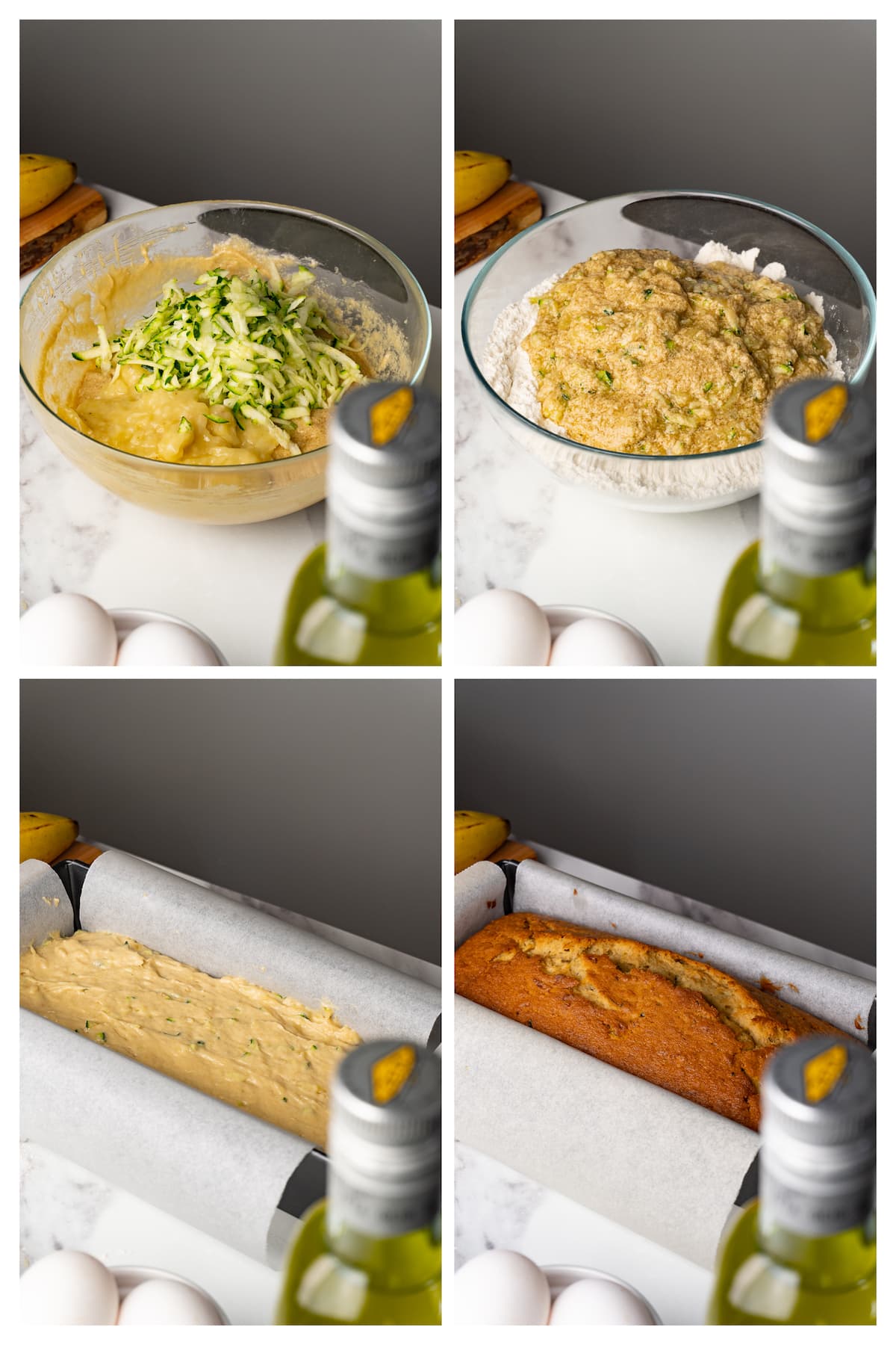 The collage image shows four steps to make batter for zucchini banana bread and bake one loaf.