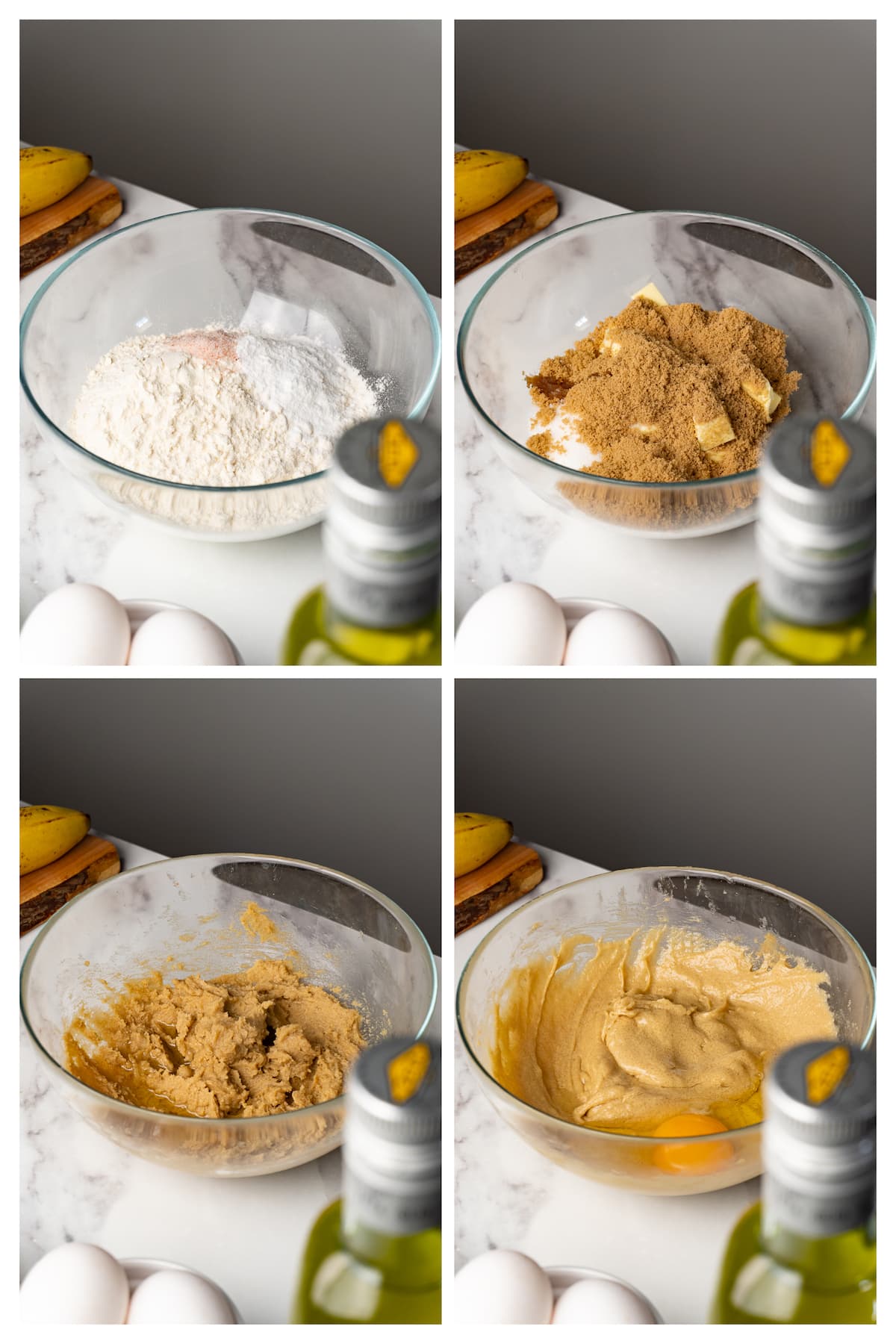 The collage image shows four steps to make batter for zucchini banana bread.