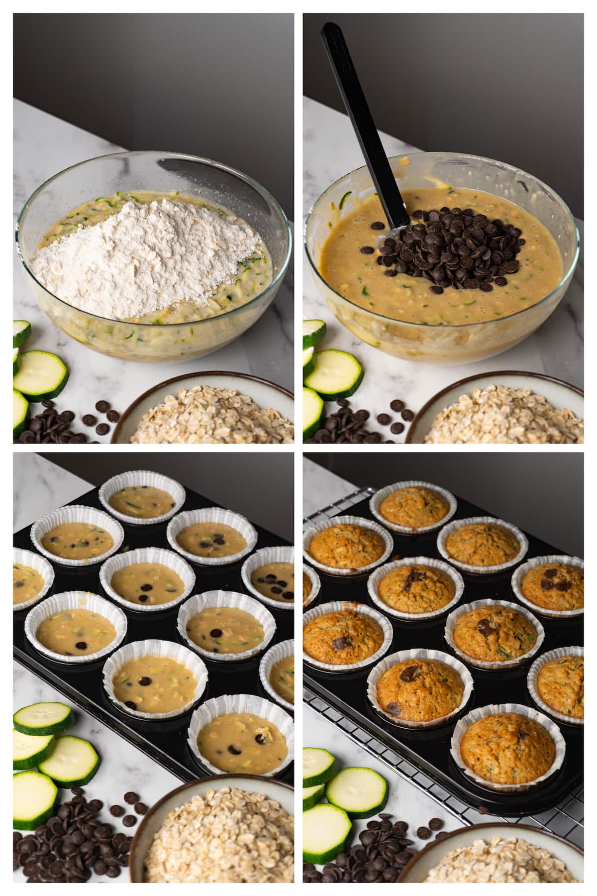 The collage image shows four steps to make batter for zucchini muffins with chocolate chips and to bake 12 miffins.