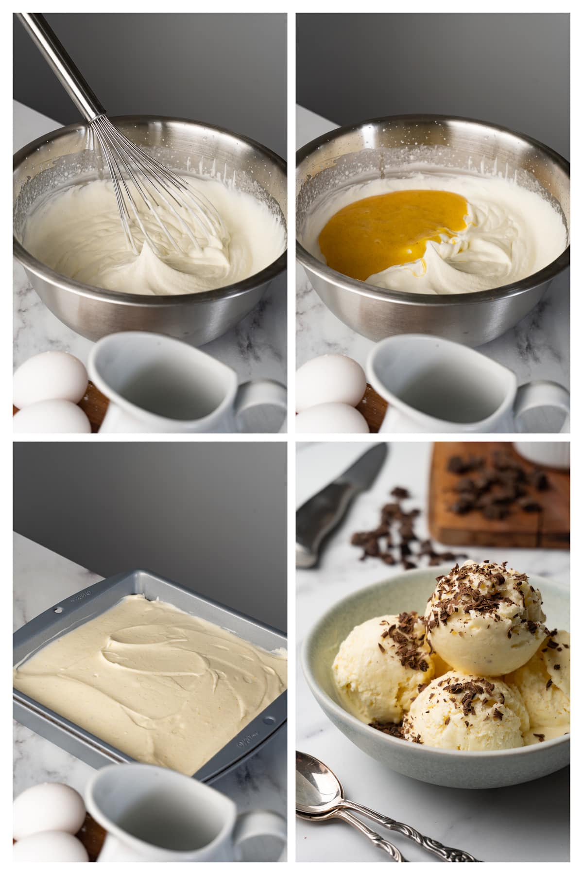 The collage image shows four steps to make vanilla ice cream.