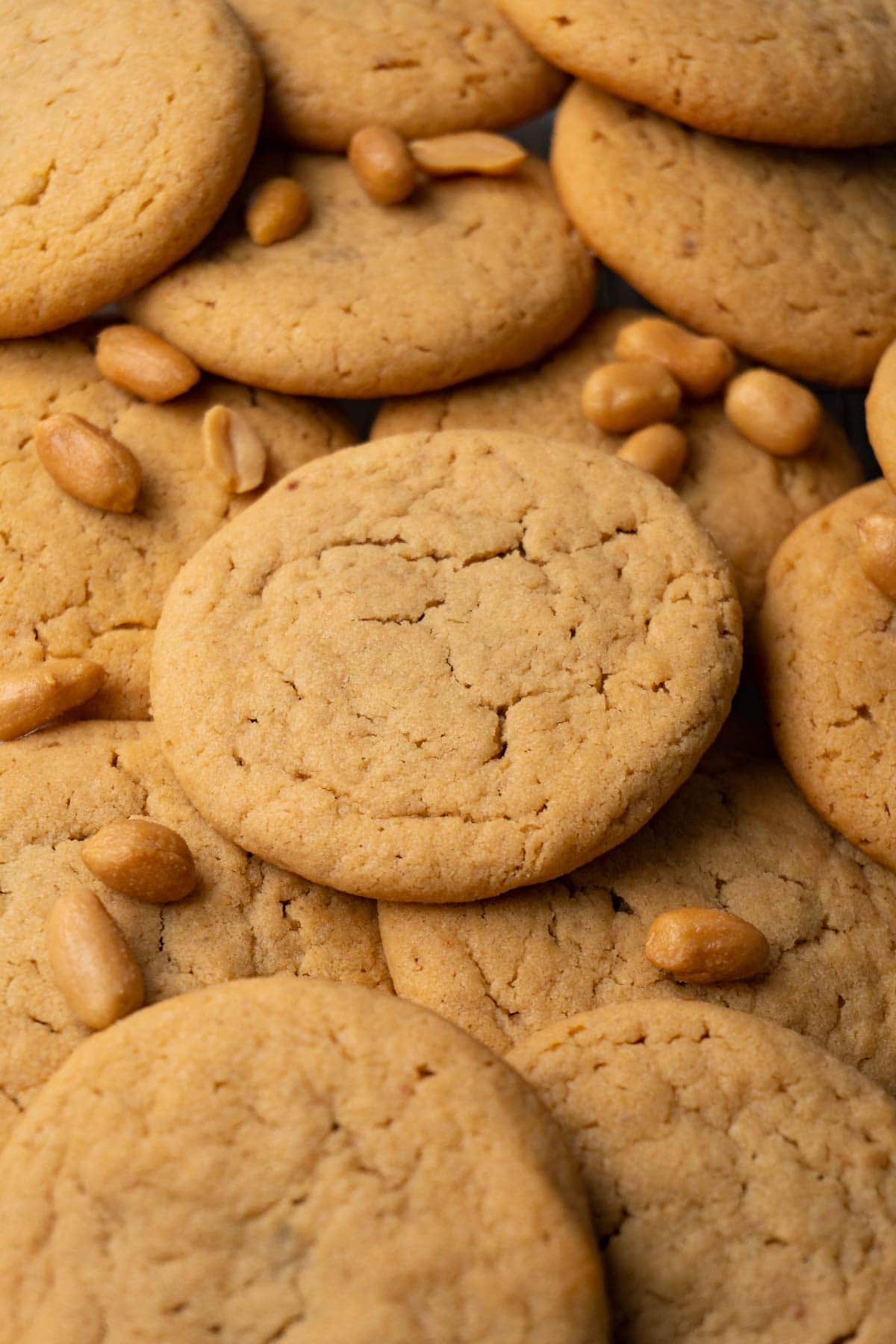 Cookies are lying on top of each other in a pile. Roasted peanuts sprinkled on top of the cookies.