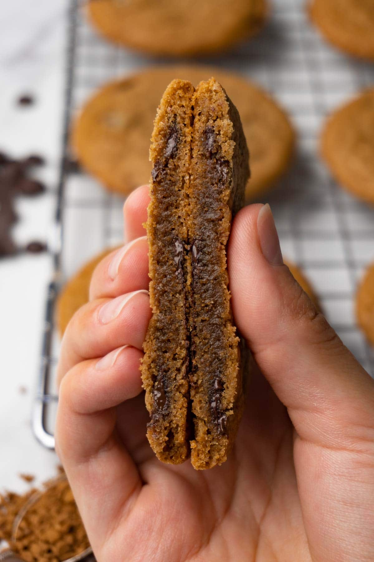 A hand is holding a cut-in-half chocolate chip coffee cookie.