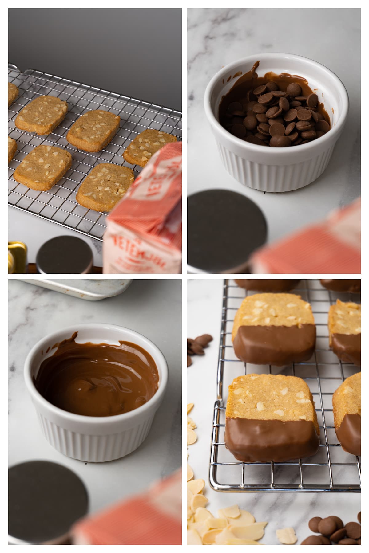 The collage image shows four steps to bake cookies with slivered almonds and cover them with chocolate glaze.