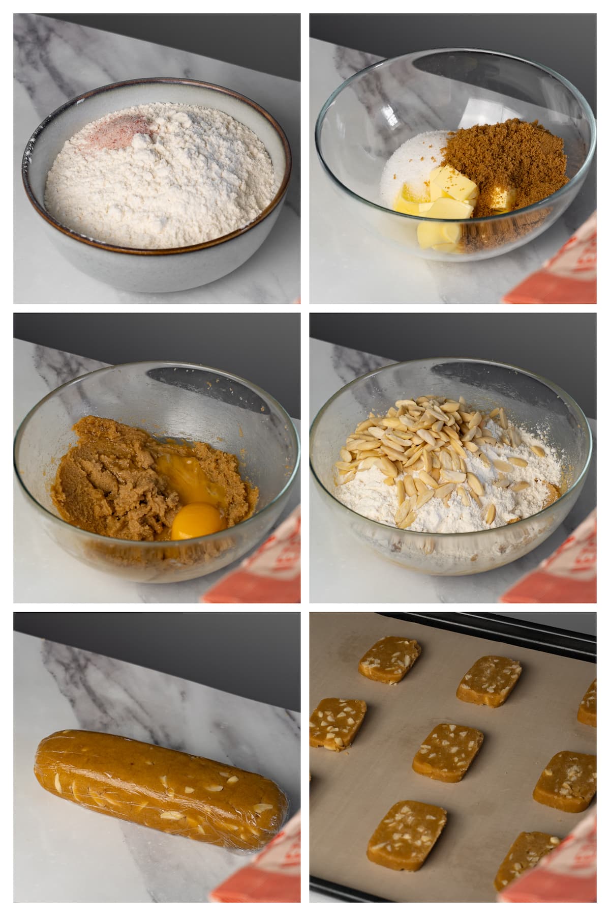 The collage image shows six steps to make cookies with slivered almonds.