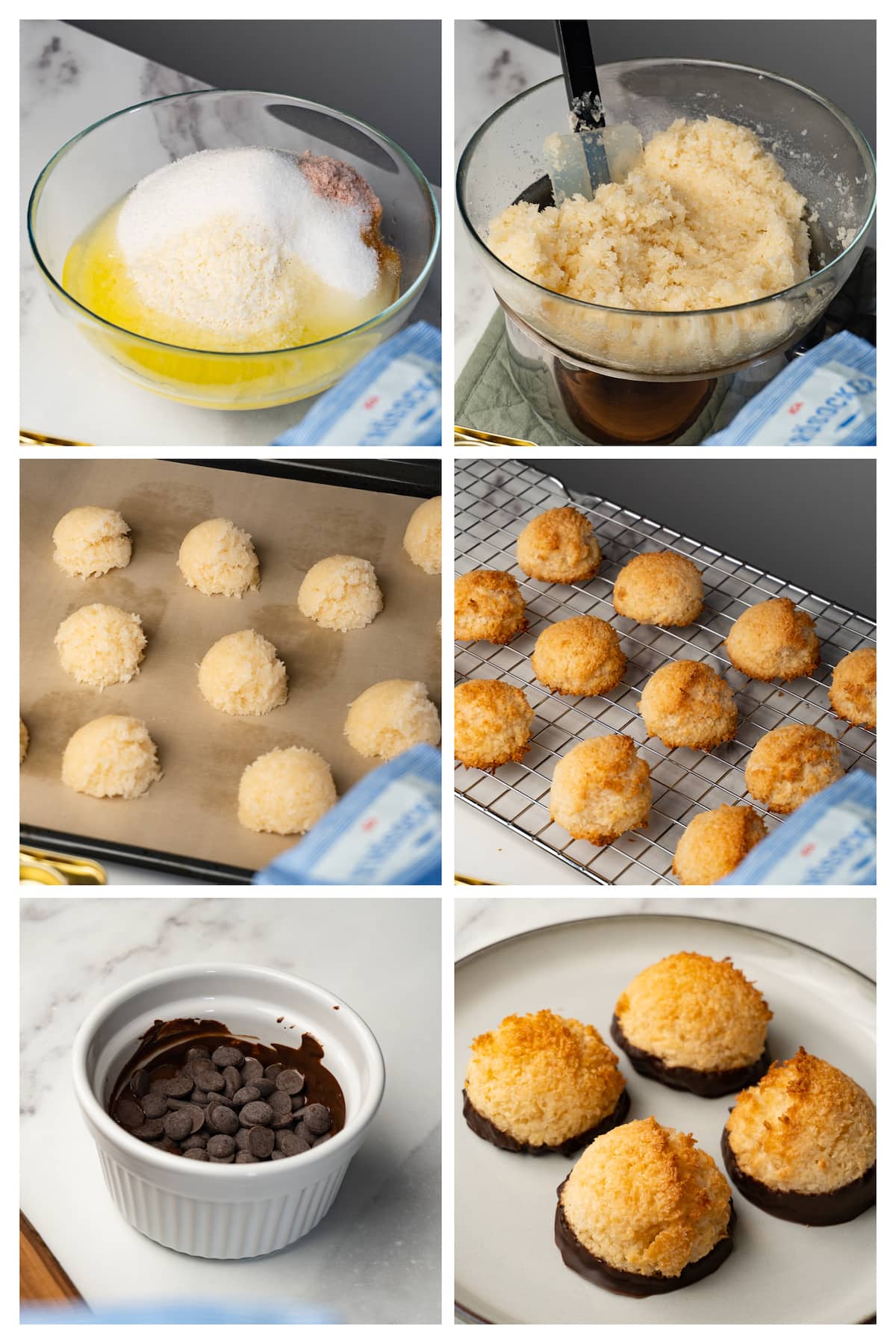 The collage image shows six steps to make coconut macaroons dipped in chocolate.