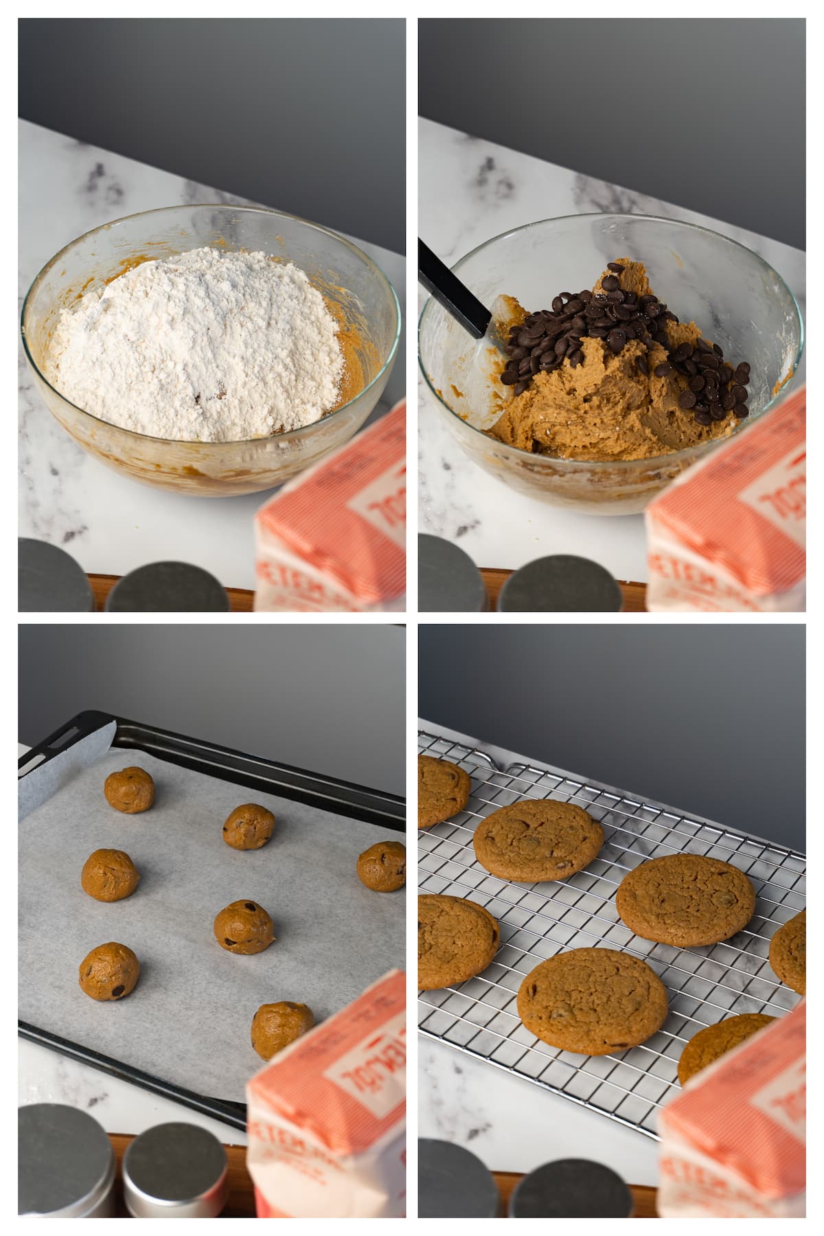 The collage image shows four steps to shape and bake cookies with coffee flavor and chocolate chips.