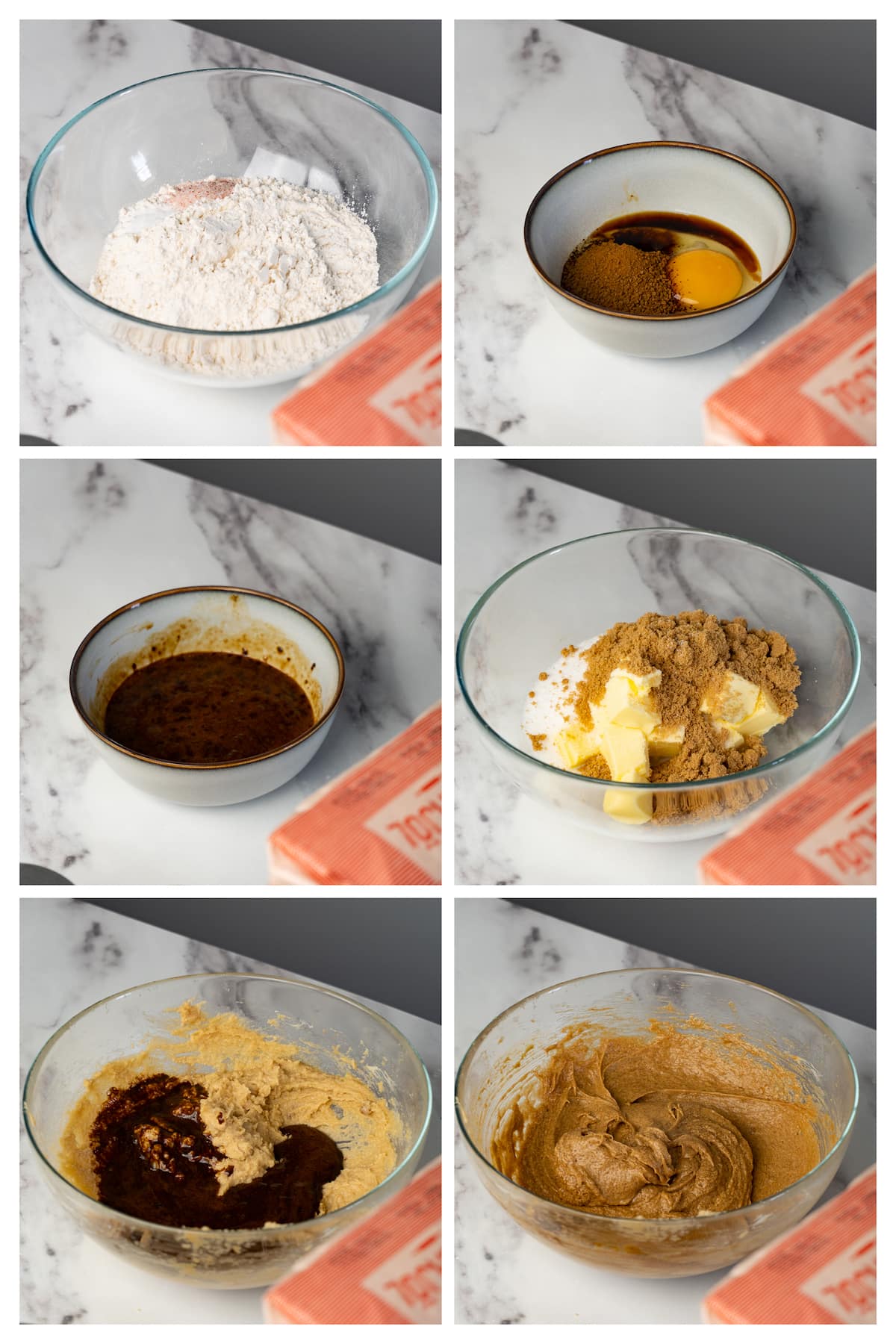 The collage image shows six steps to make cookie dough for cookies with a coffee flavor.