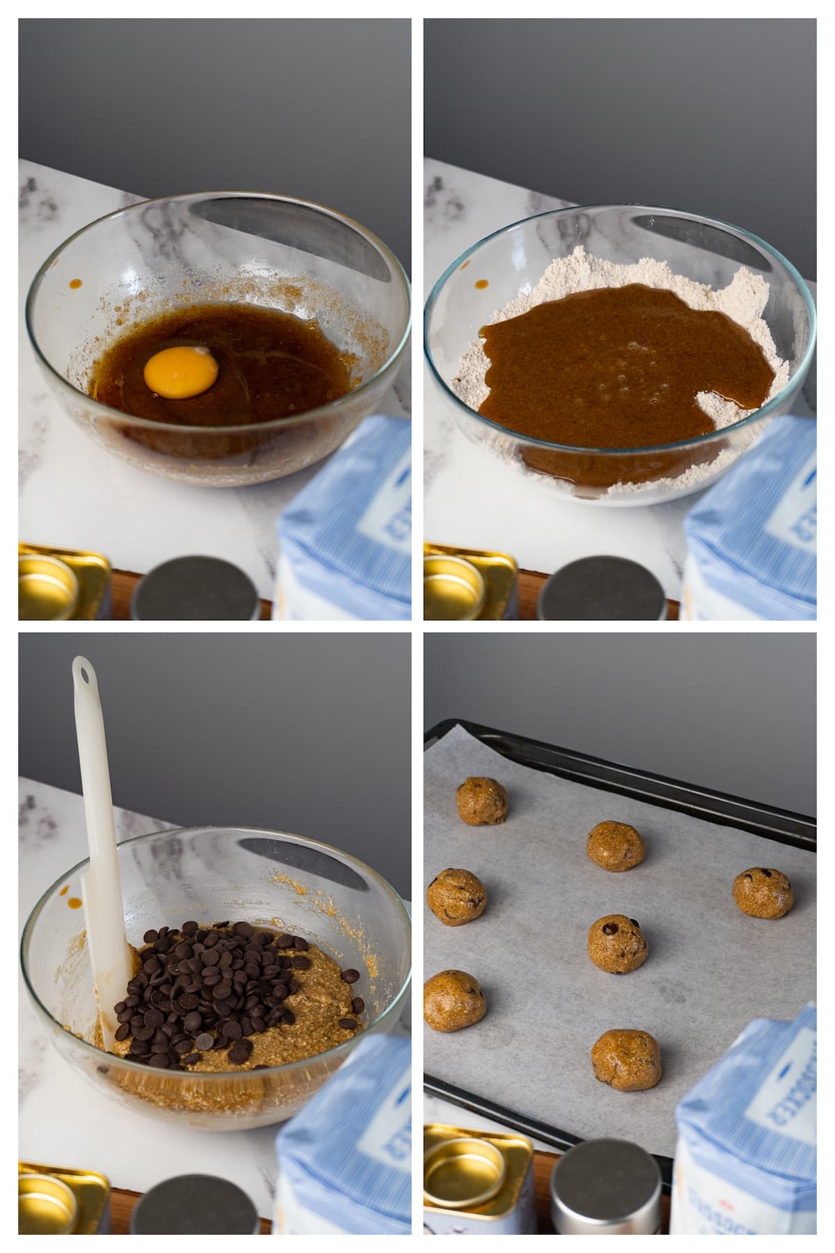 The collage image shows four steps to make oat flour cookie dough with chocolate chips and shape it into dough balls.