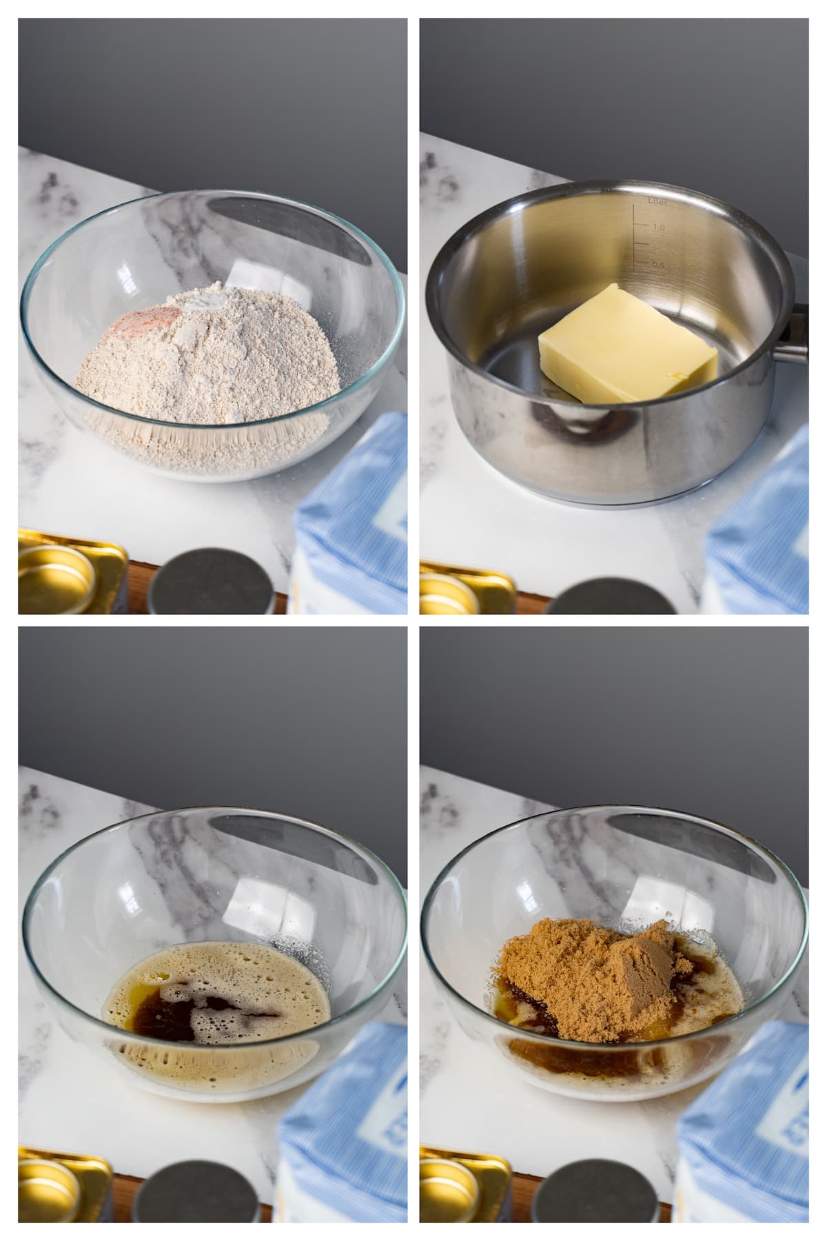 The collage image shows four steps to make cookie dough with oat flour and chocolate chips.