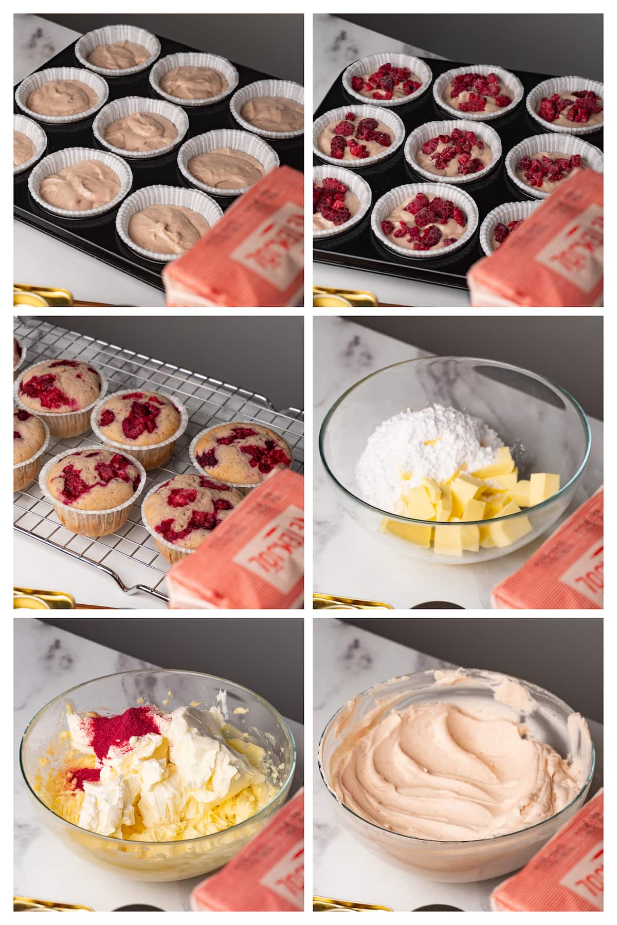 The collage image shows six steps to bake raspberry cupcakes and make cream cheese frosting with freeze-dried raspberry powder.