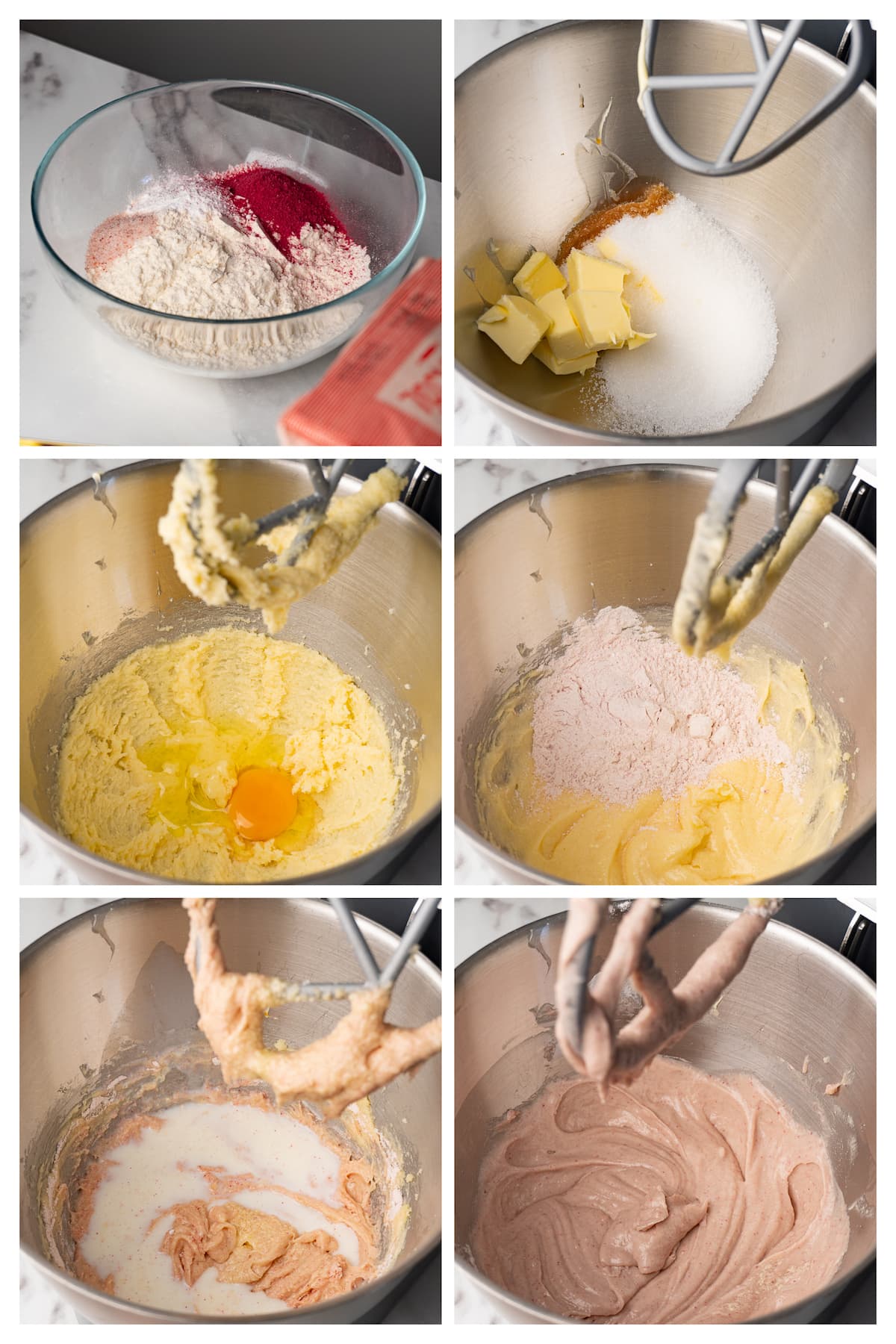 The collage image shows six steps to make batter for cupcakes with freeze-dried raspberry powder.