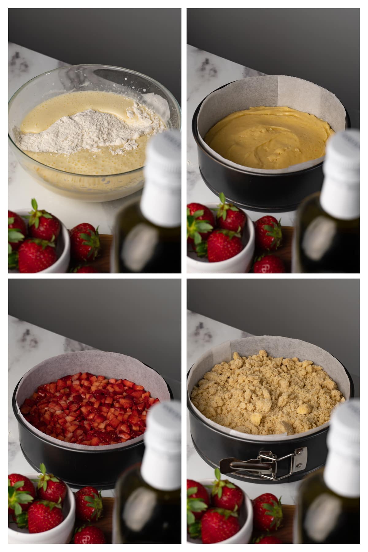 The collage image shows four steps to assemble and bake strawberry crumble cake.