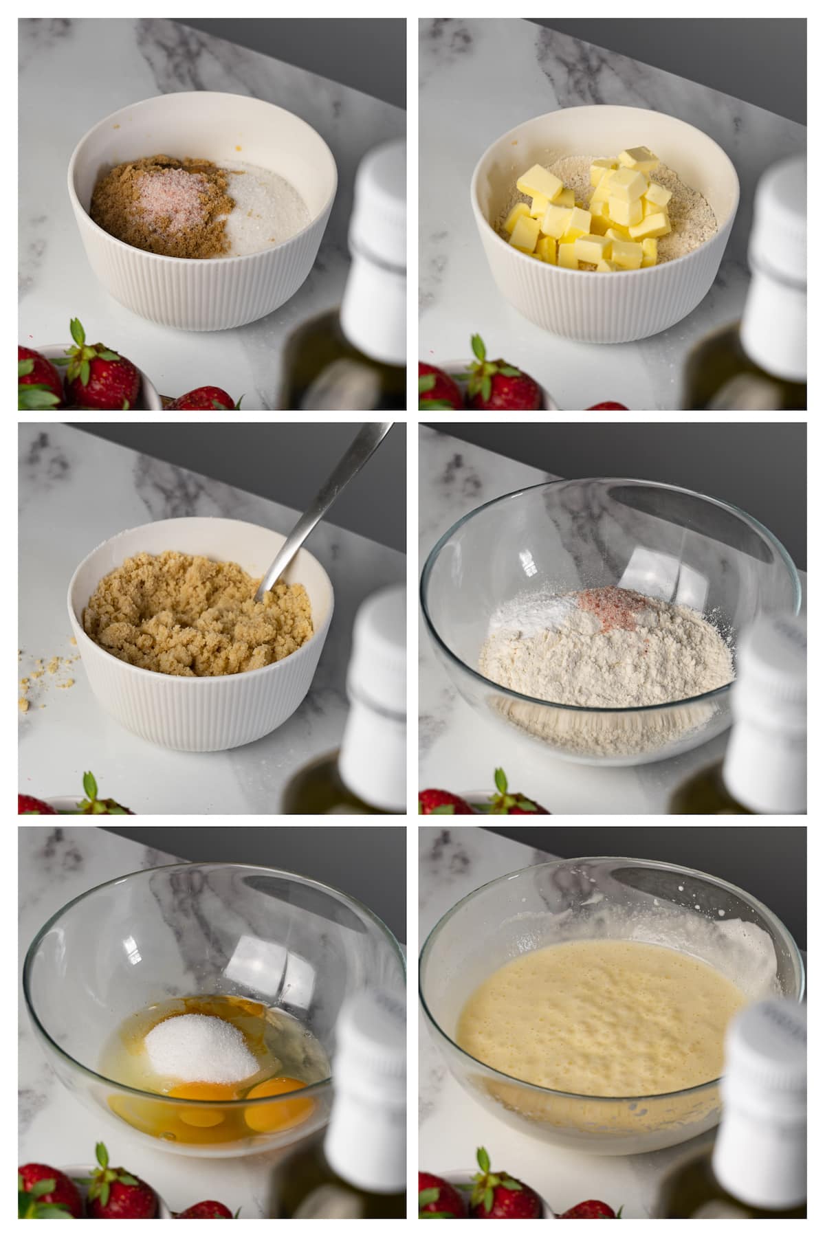 The collage image shows six steps to make streusel topping and batter for strawberry cake.