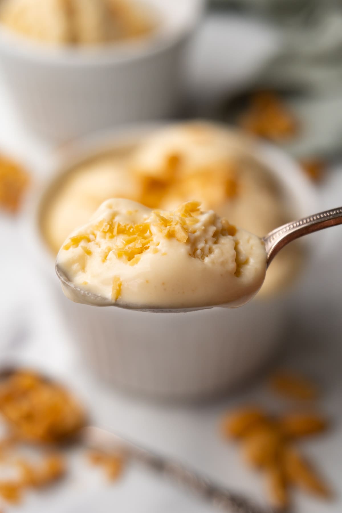 A spoon filled with ice cream with crushed peanuts.